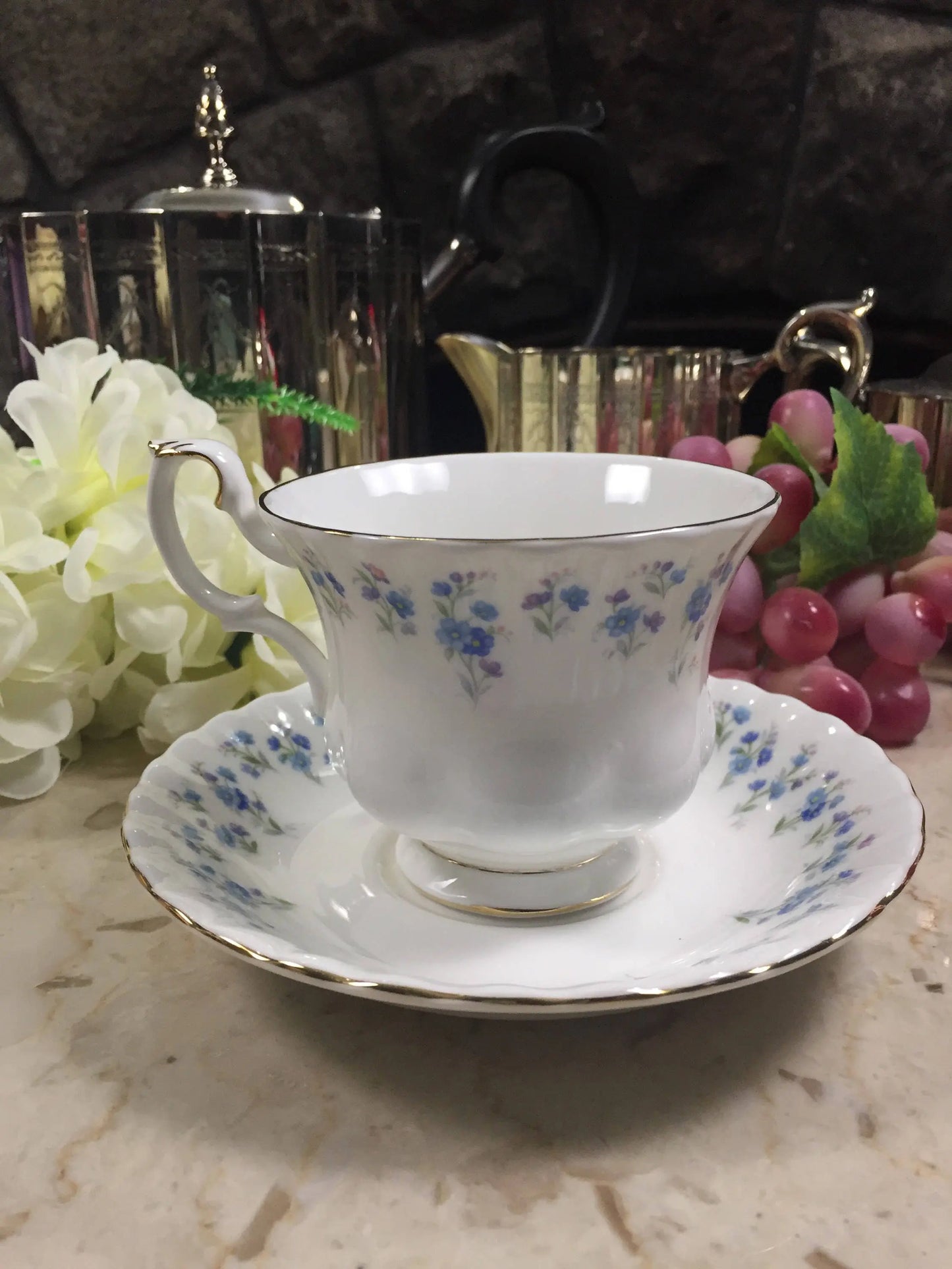 Vintage Royal Albert Memory Lane Cup and Saucer-Blue and White Floral Tea Cup-Vintage Teacup-Vintage Wedding Gift-Forget-Me-Nots
