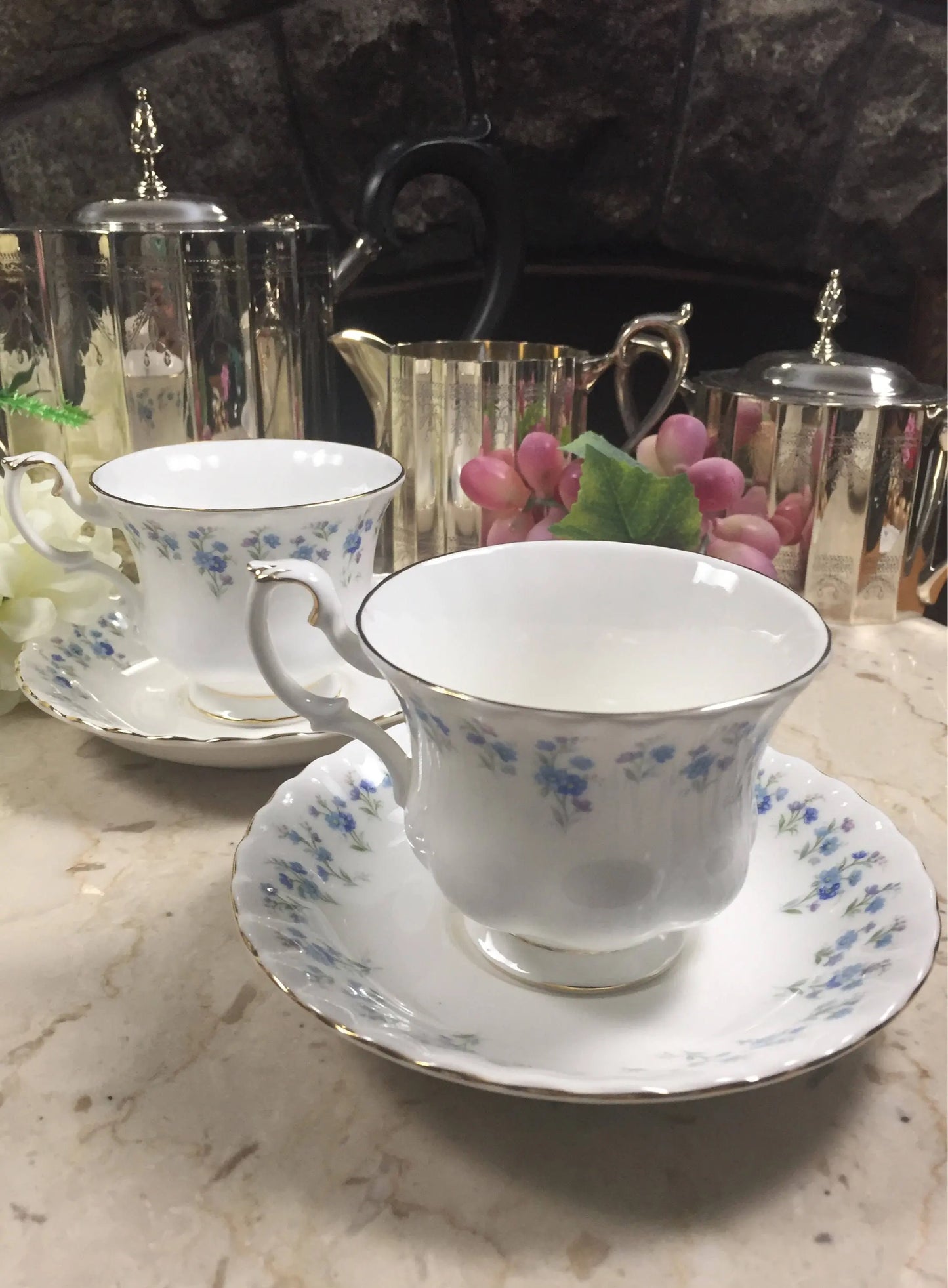 Vintage Royal Albert Memory Lane Cup and Saucer-Blue and White Floral Tea Cup-Vintage Teacup-Vintage Wedding Gift-Forget-Me-Nots