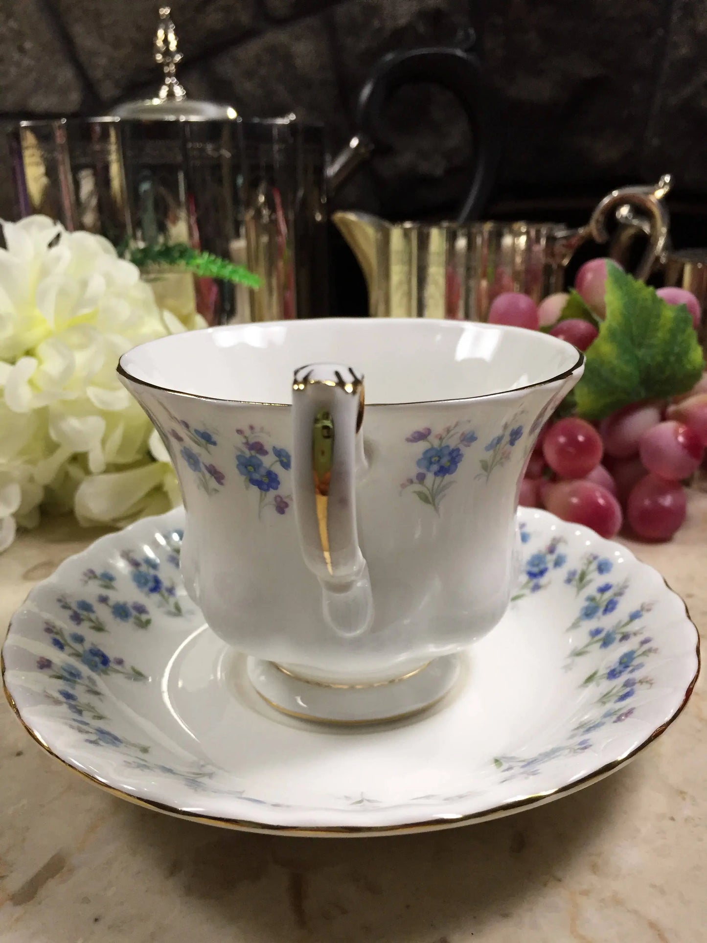 Vintage Royal Albert Memory Lane Cup and Saucer-Blue and White Floral Tea Cup-Vintage Teacup-Vintage Wedding Gift-Forget-Me-Nots