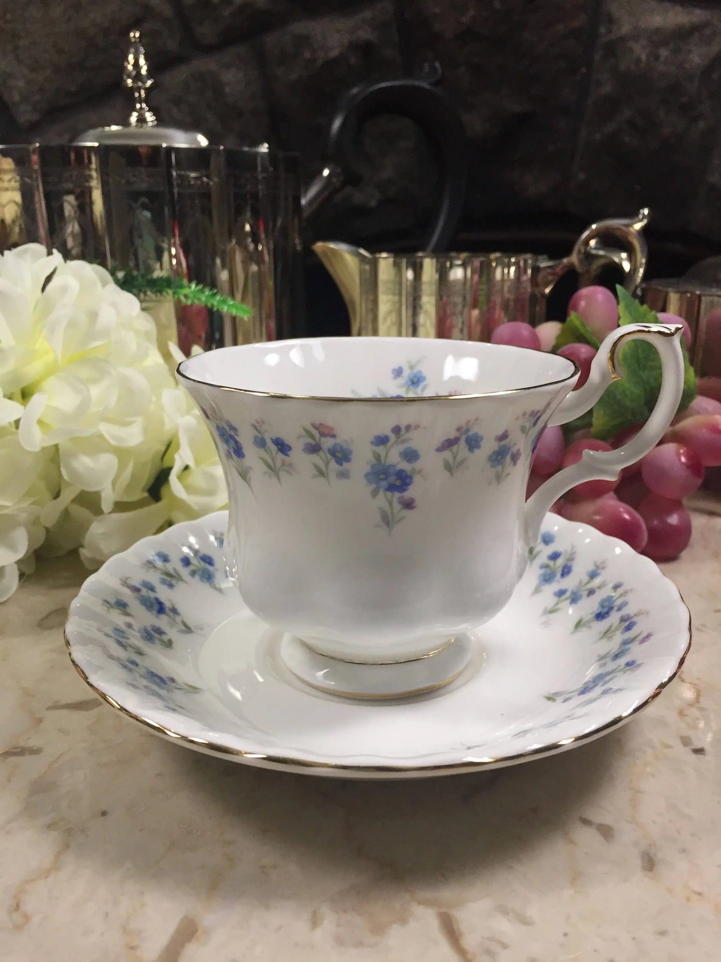 Vintage Royal Albert Memory Lane Cup and Saucer-Blue and White Floral Tea Cup-Vintage Teacup-Vintage Wedding Gift-Forget-Me-Nots