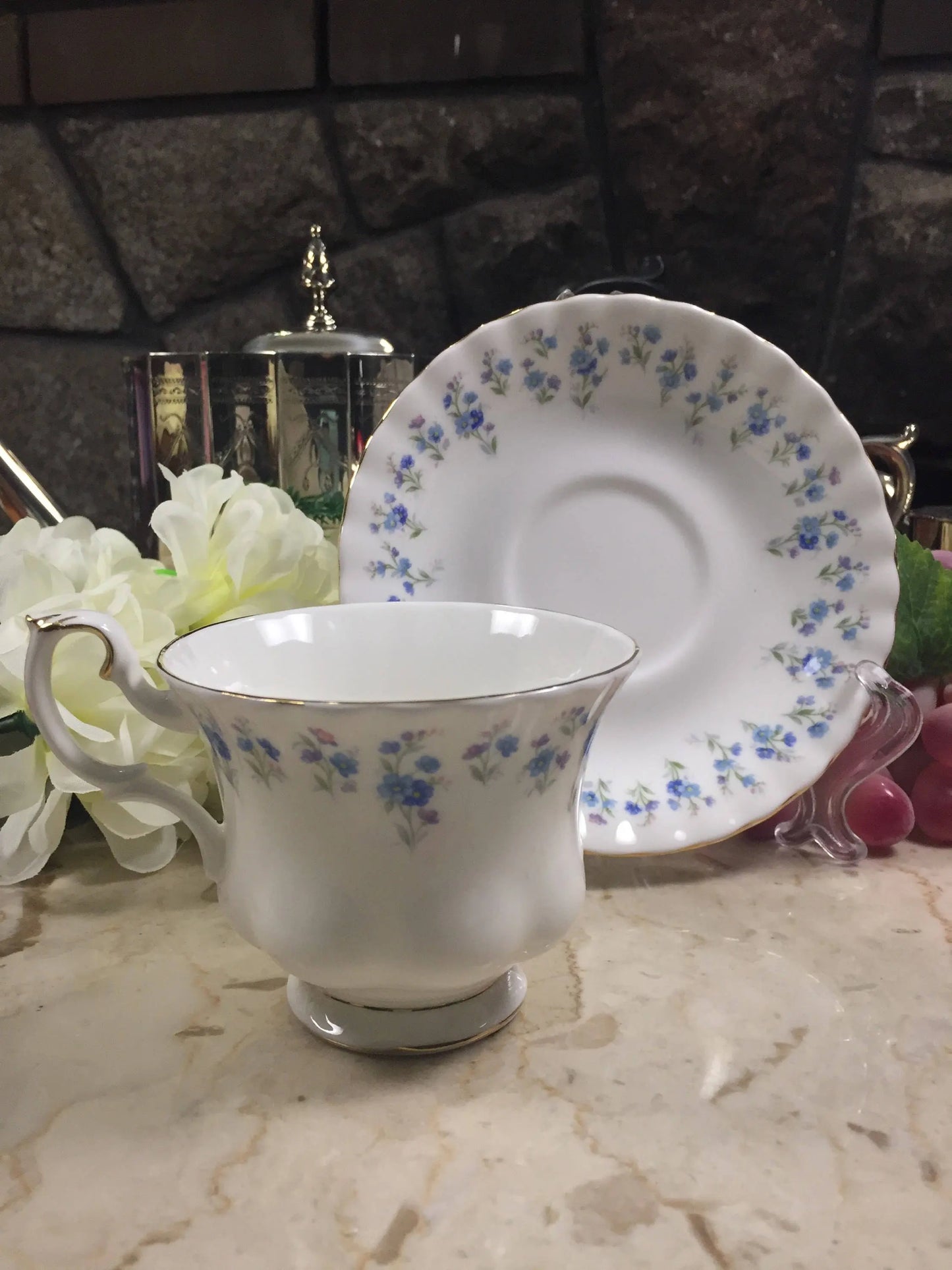 Vintage Royal Albert Memory Lane Cup and Saucer-Blue and White Floral Tea Cup-Vintage Teacup-Vintage Wedding Gift-Forget-Me-Nots