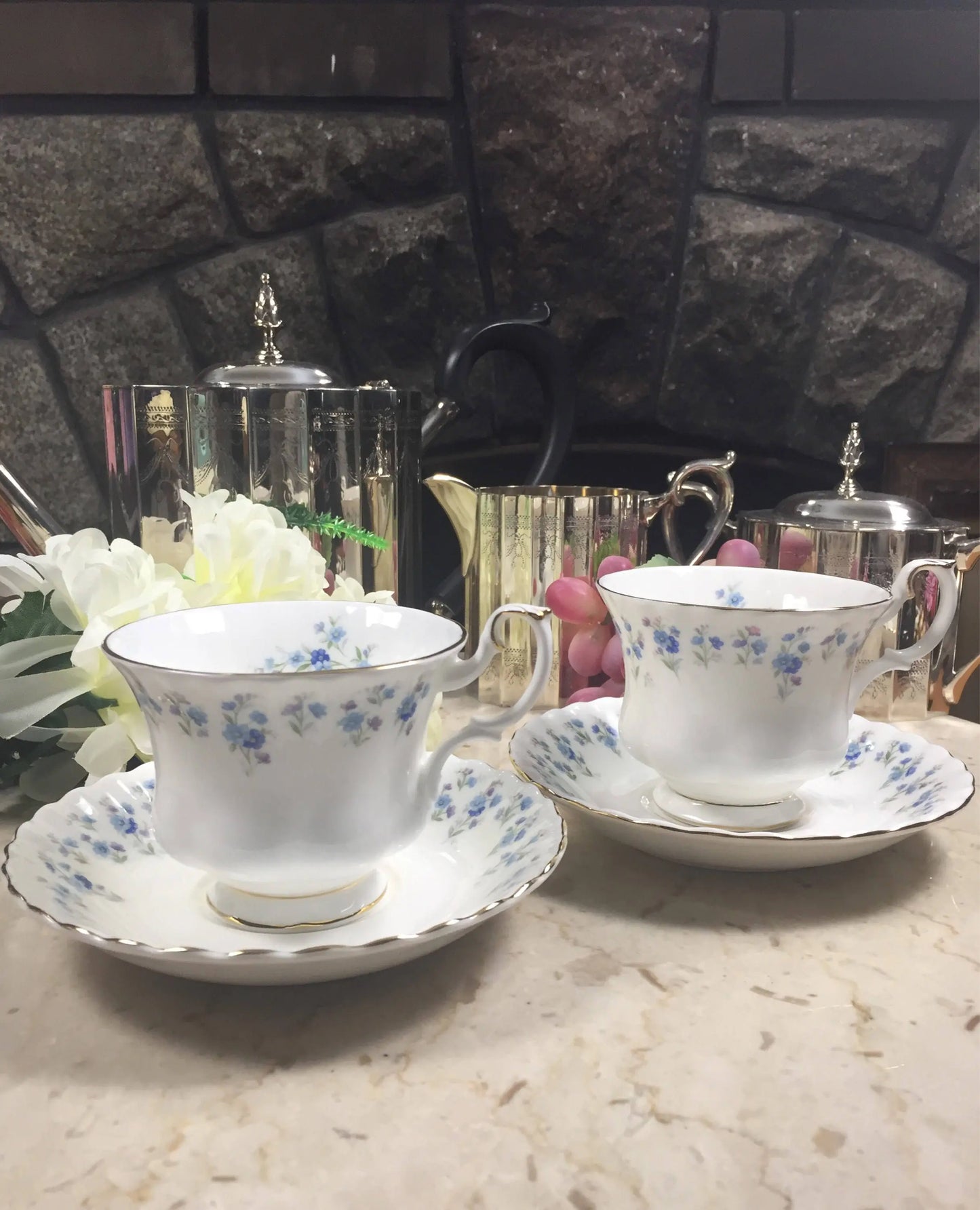 Vintage Royal Albert Memory Lane Cup and Saucer-Blue and White Floral Tea Cup-Vintage Teacup-Vintage Wedding Gift-Forget-Me-Nots