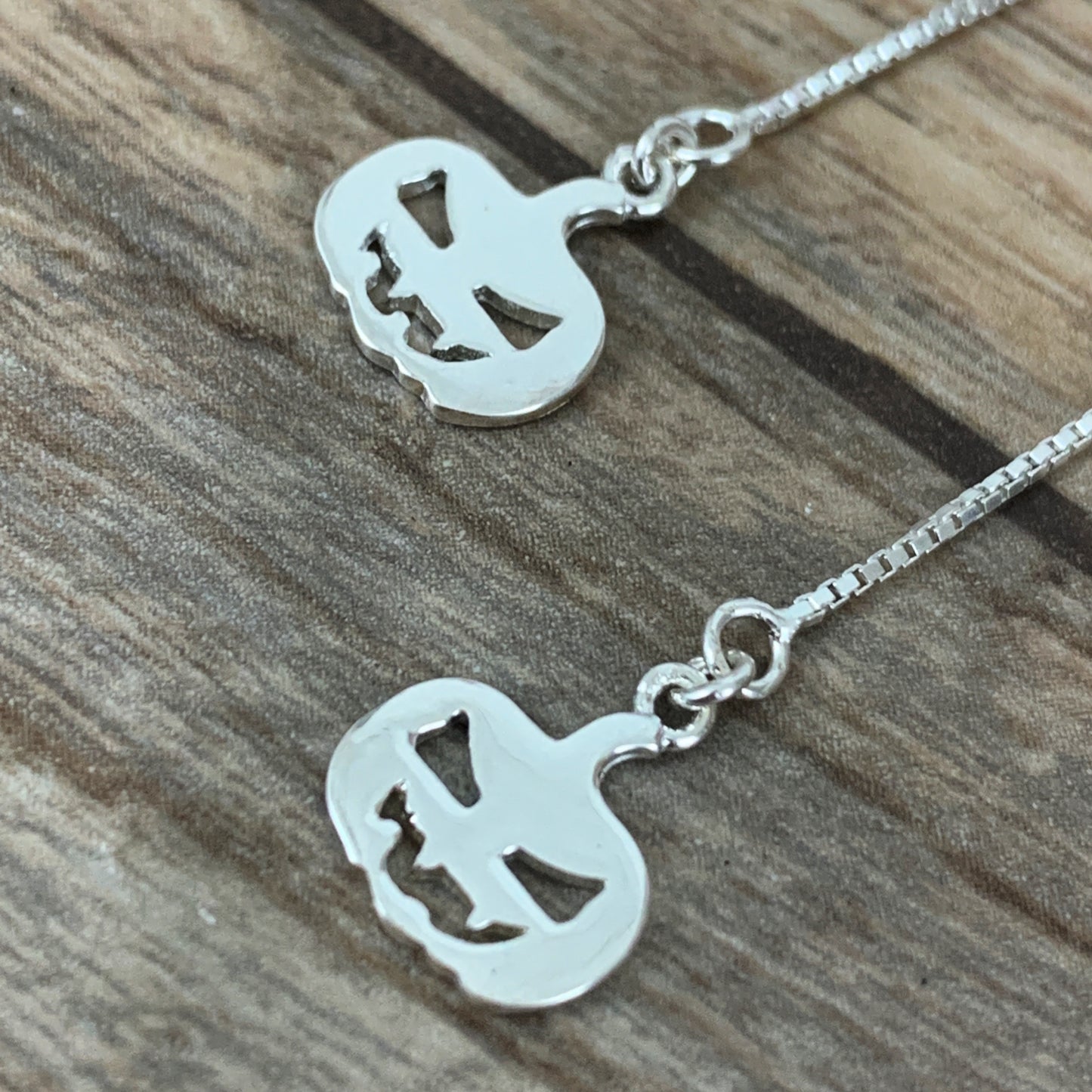 Jack o Lantern Ear Threaders, 925 Sterling Silver Halloween Earrings
