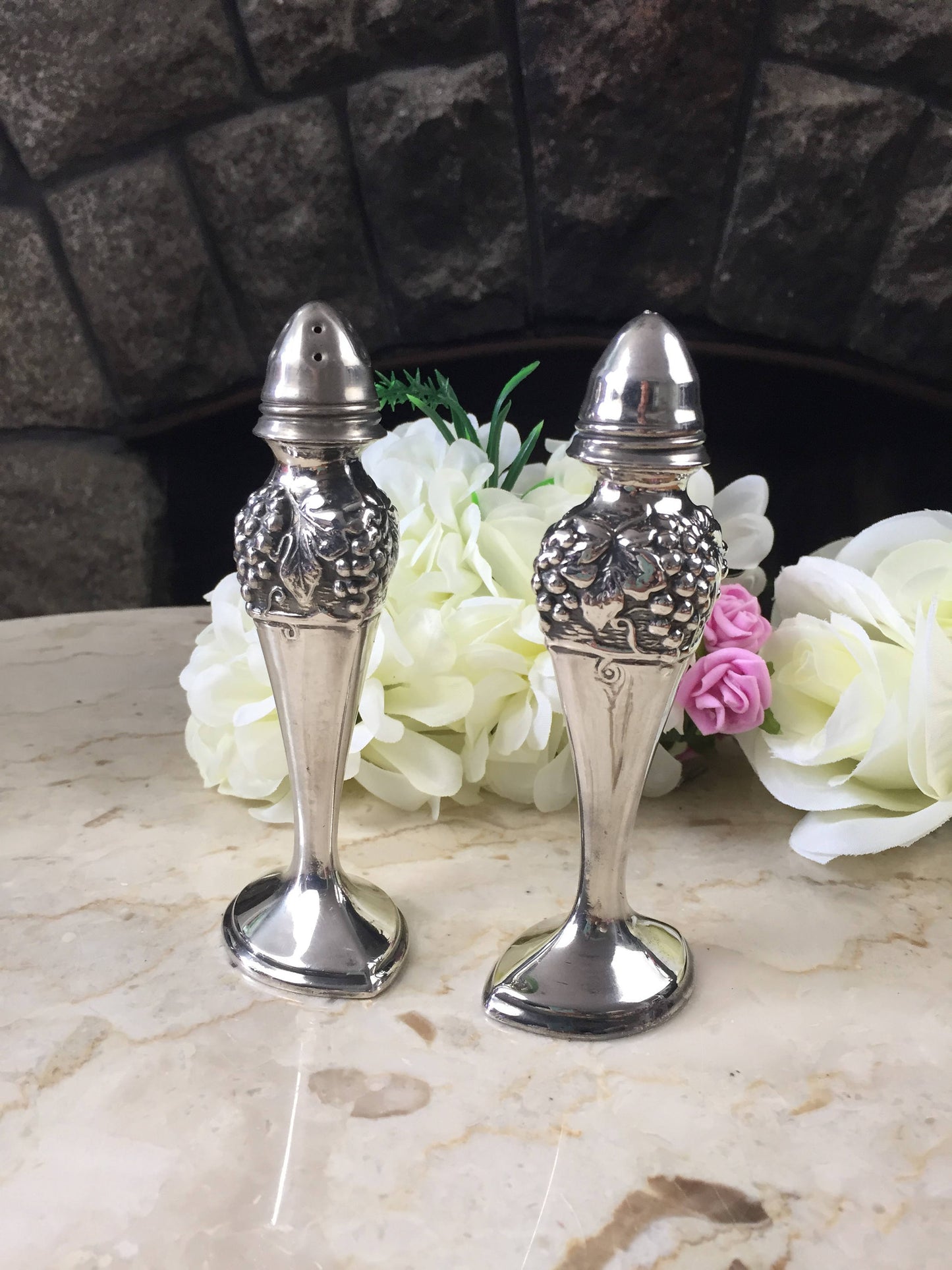Silver Plated Salt and Pepper Set-Formal Dinnerware Salt Shakers-Vintage Dining-Shabby Chic Kitchen