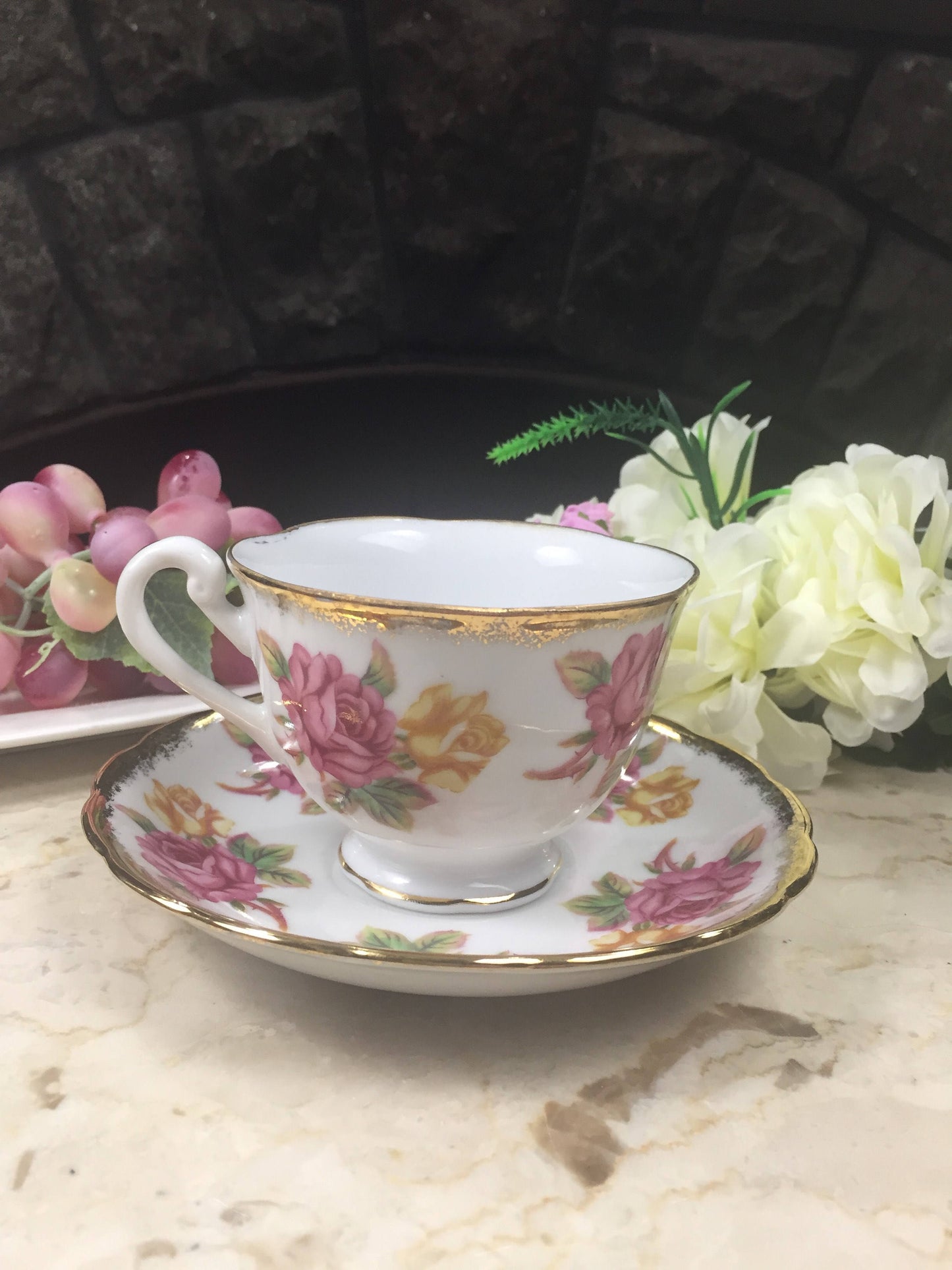 Vintage Teacup and Saucer w/ Pink and Yellow Roses and Gold Trim Made in Japan