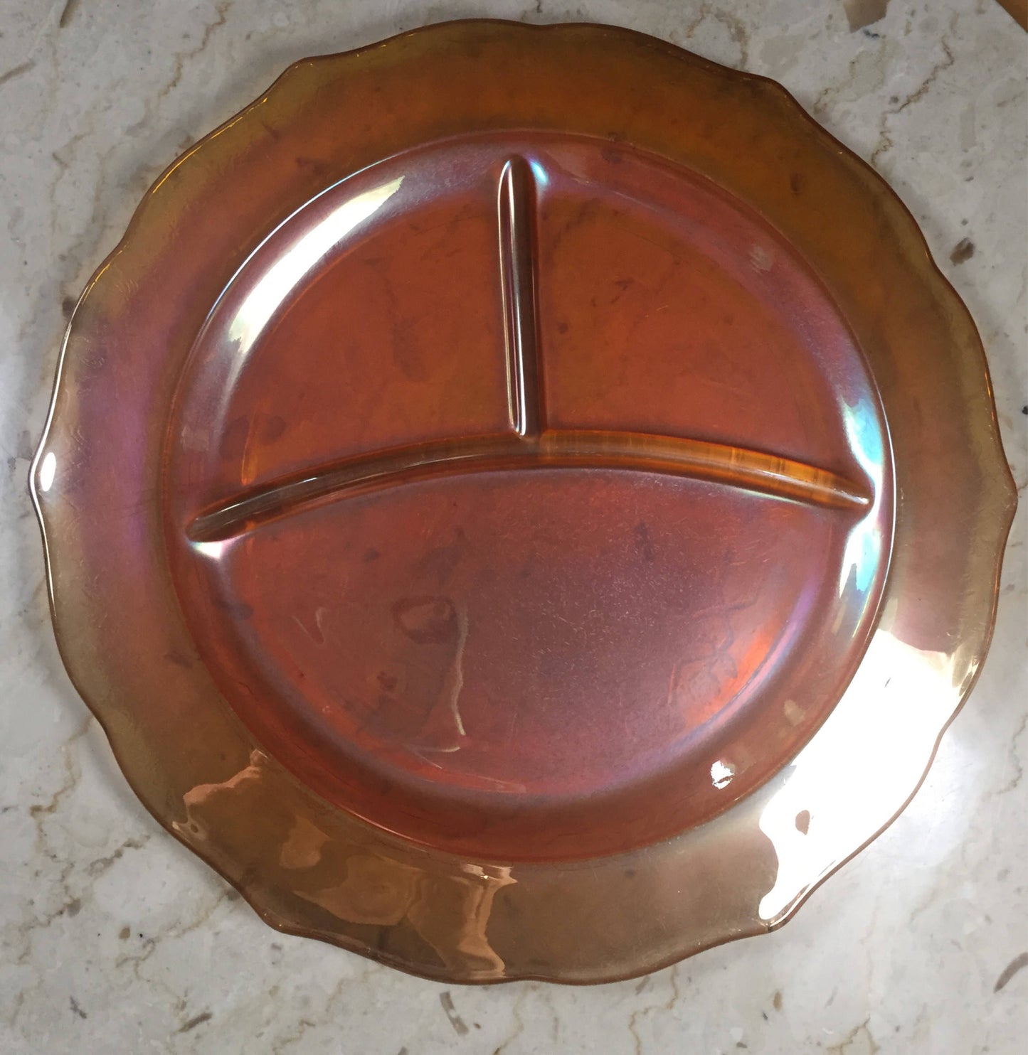 Amber Carnival Glass Bouquet and Lattice Grill Plate, Federal Glass Normandie Grill Plate, Pressed Glass Divided Dish