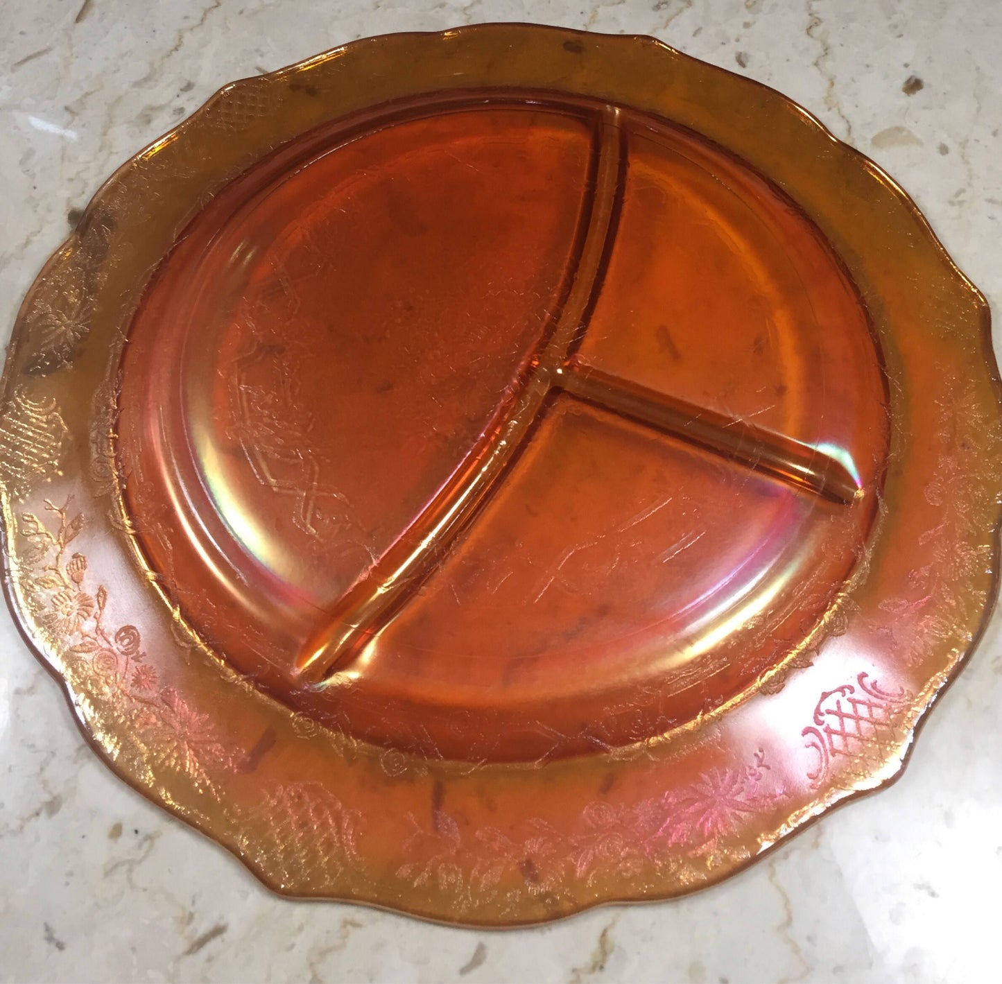 Amber Carnival Glass Bouquet and Lattice Grill Plate, Federal Glass Normandie Grill Plate, Pressed Glass Divided Dish