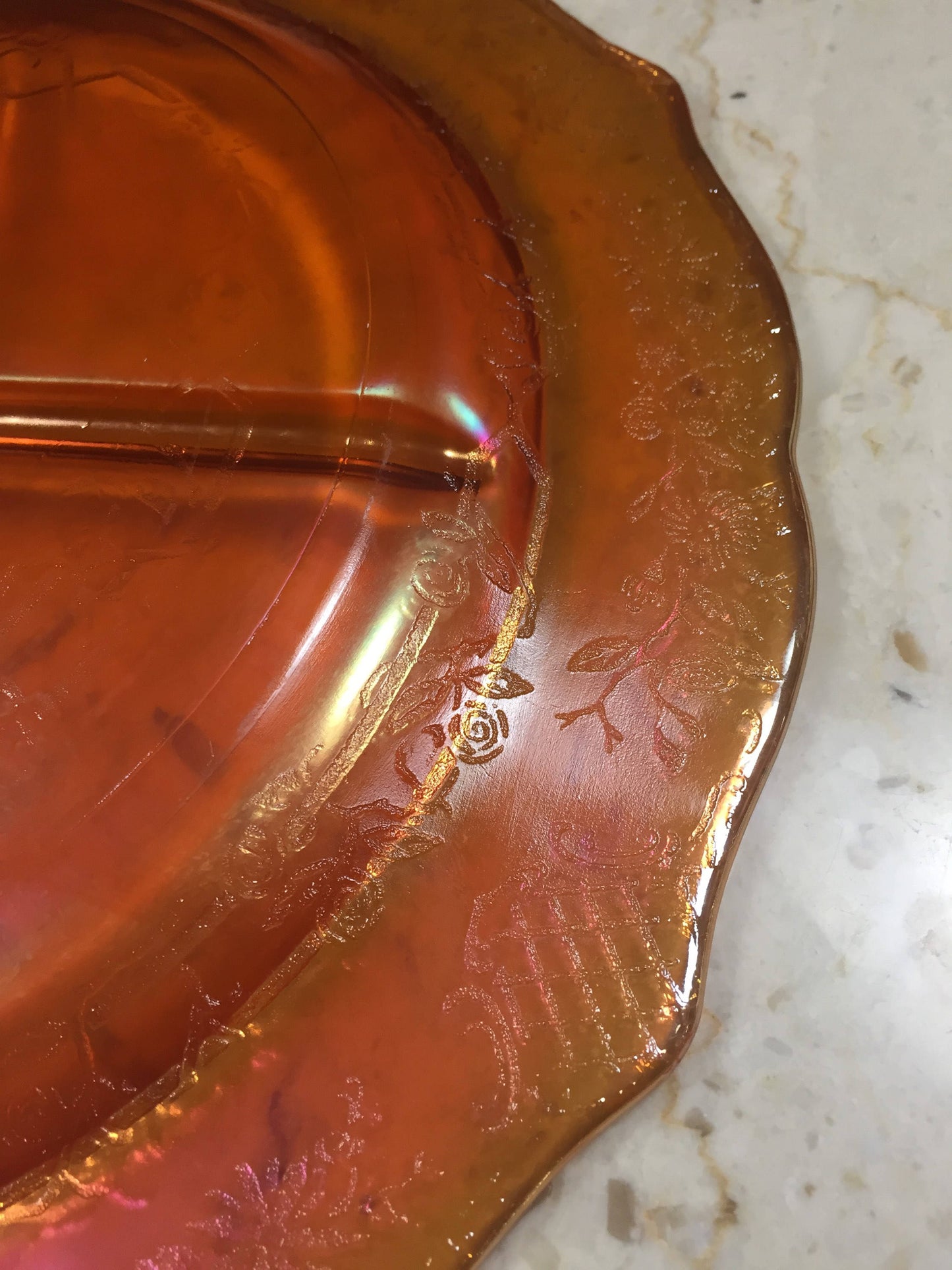 Amber Carnival Glass Bouquet and Lattice Grill Plate, Federal Glass Normandie Grill Plate, Pressed Glass Divided Dish