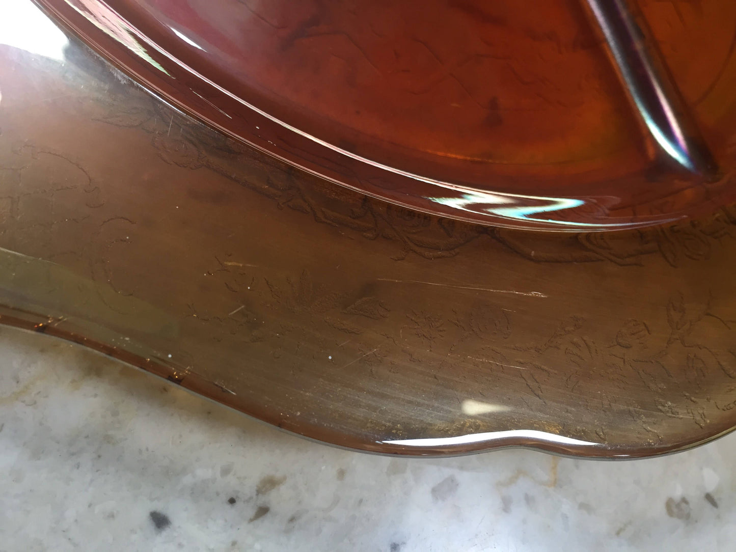 Amber Carnival Glass Bouquet and Lattice Grill Plate, Federal Glass Normandie Grill Plate, Pressed Glass Divided Dish