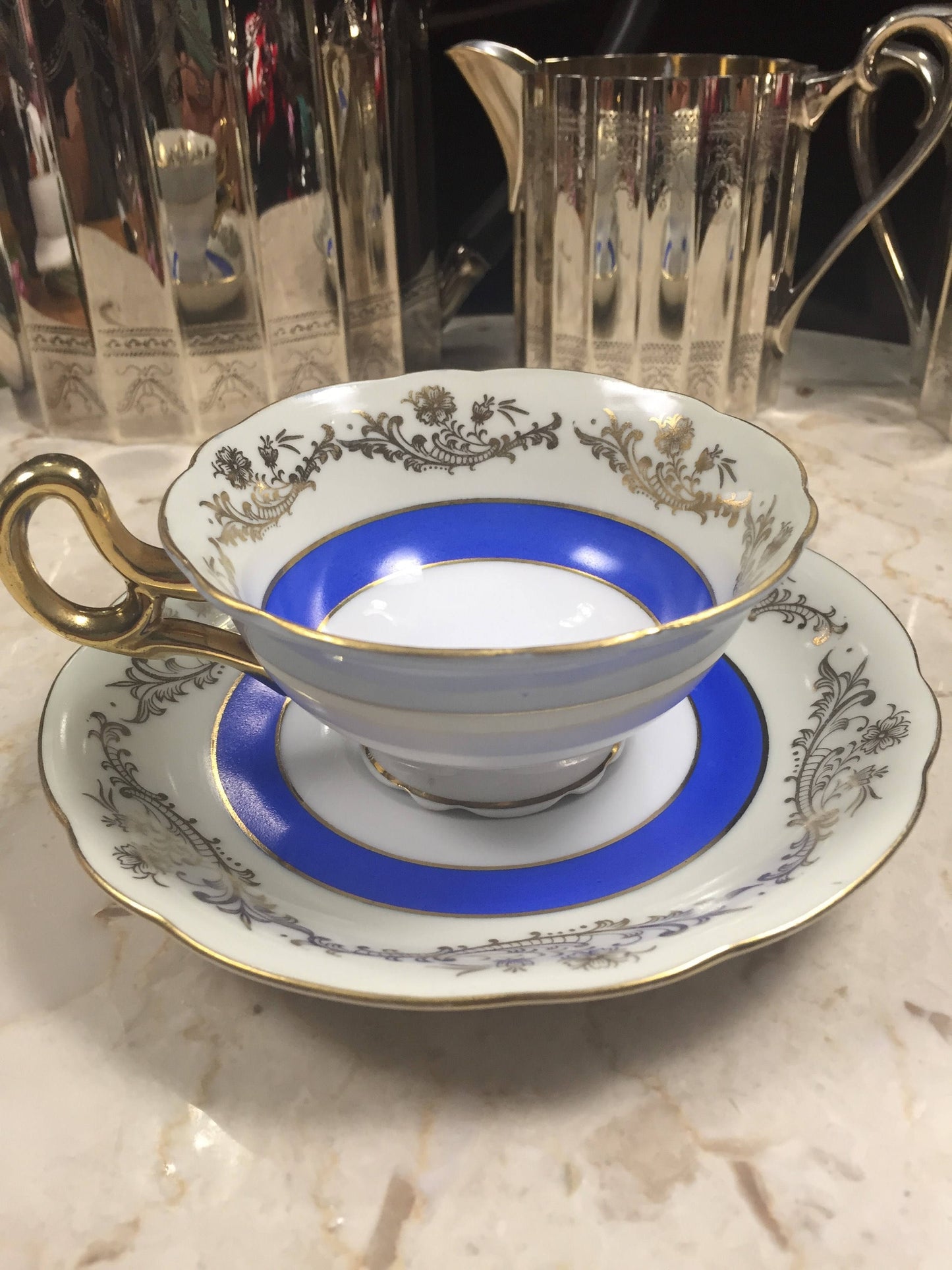Vintage Shafford Hand Painted Teacup Blue, White and Gold