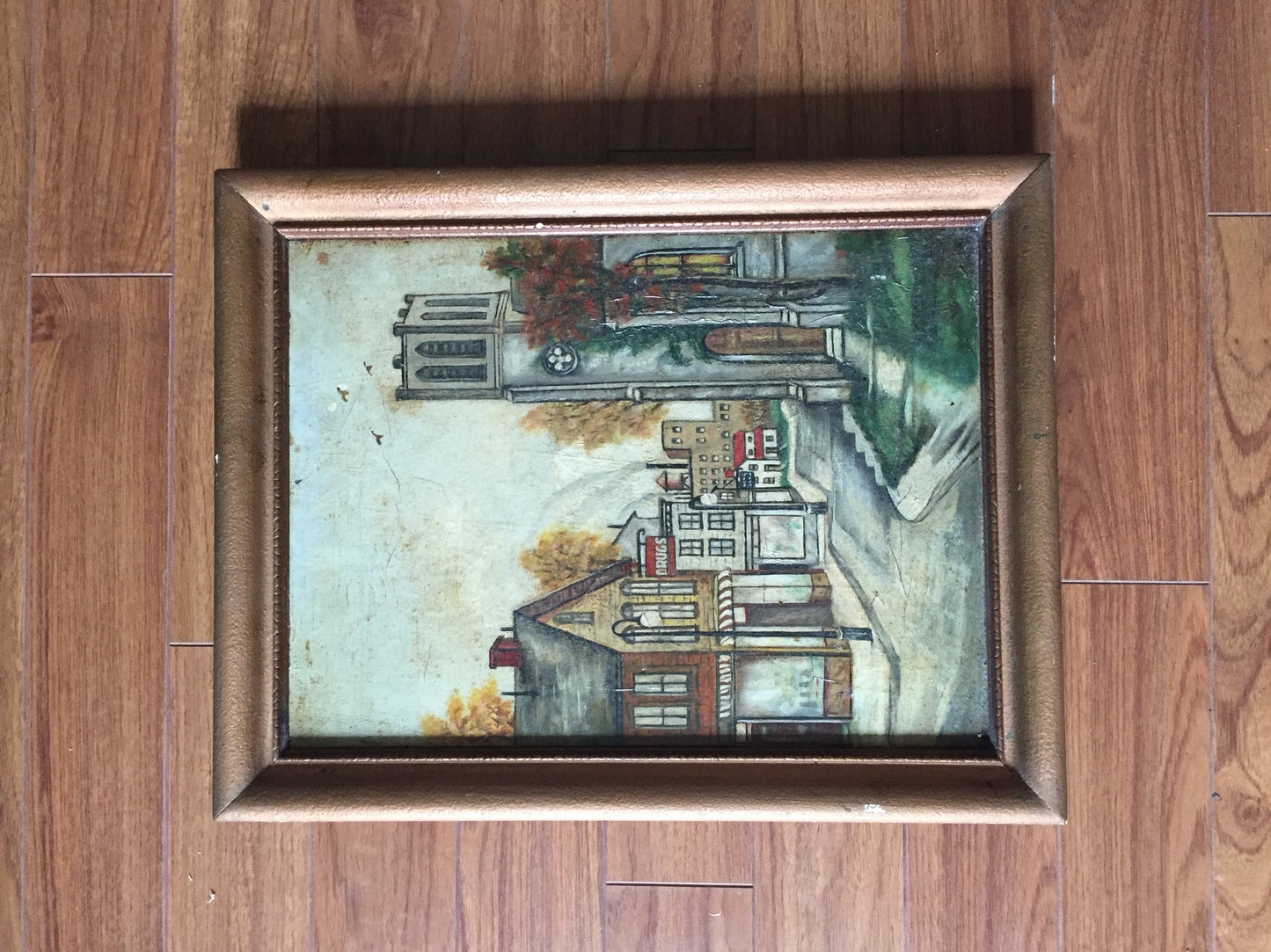 Downtown City Scene Vintage Painting