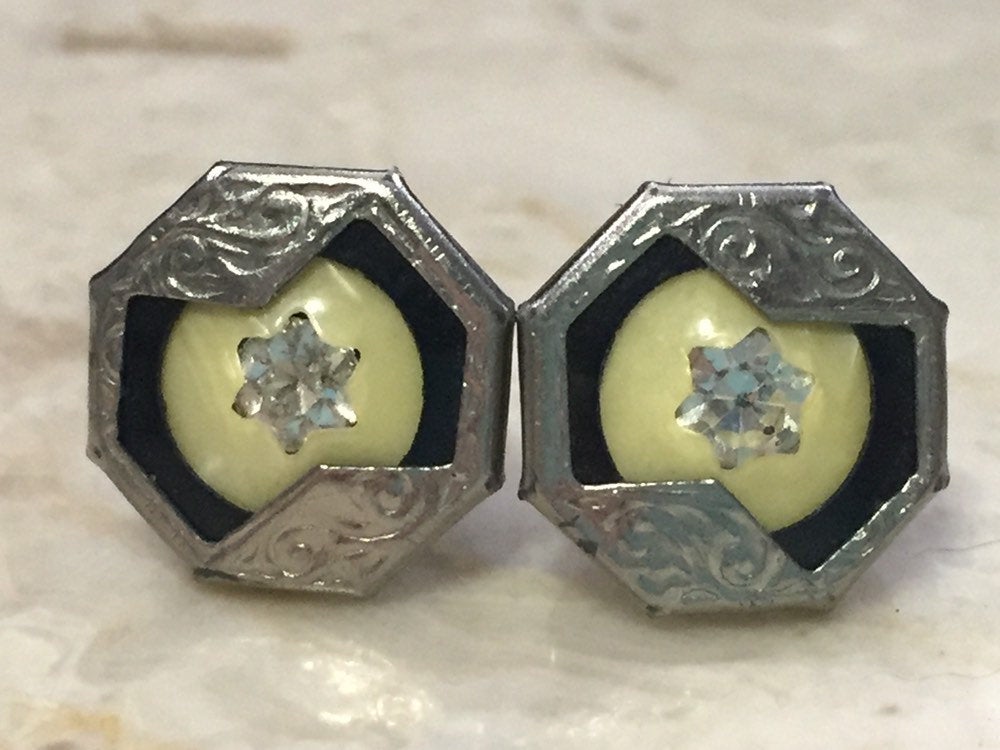 Silver Cuff Links-Vintage Cufflinks for Men-Gift for Boyfriend-Art Deco Inlay Cufflinks