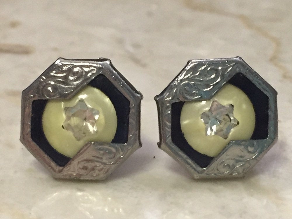 Silver Cuff Links-Vintage Cufflinks for Men-Gift for Boyfriend-Art Deco Inlay Cufflinks
