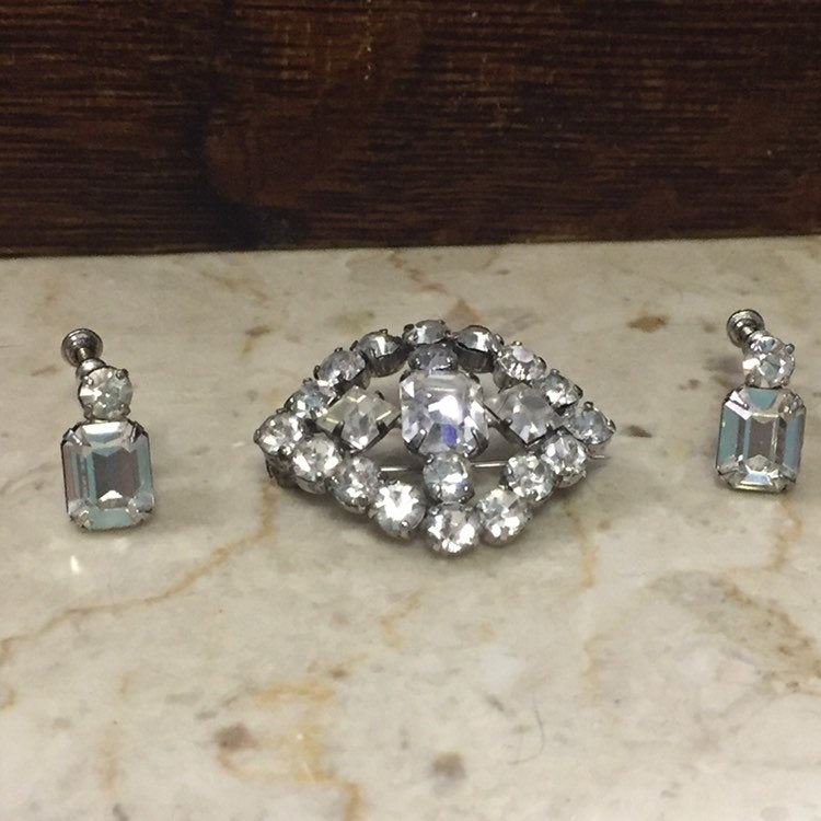 Vintage Sterling and Rhinestone Broach and Earring Set By Jay Flex Sterling