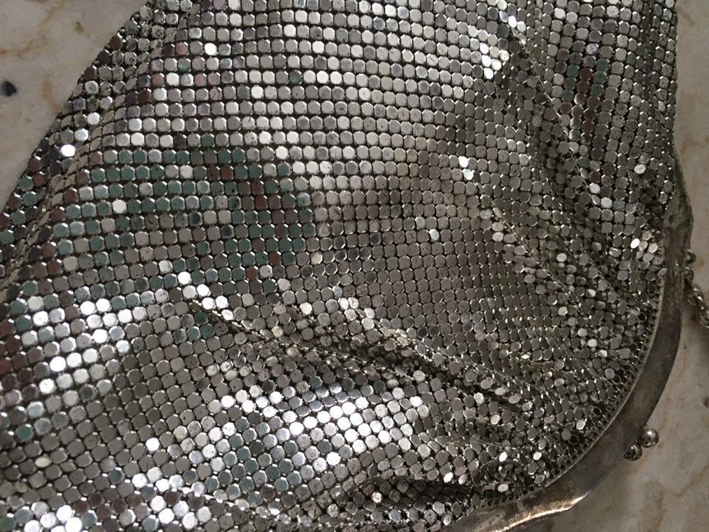 Whiting and Davis Silver Mesh Purse-Chain Mail Clutch Purse-Small Vintage Purse-Metallic Evening Bag