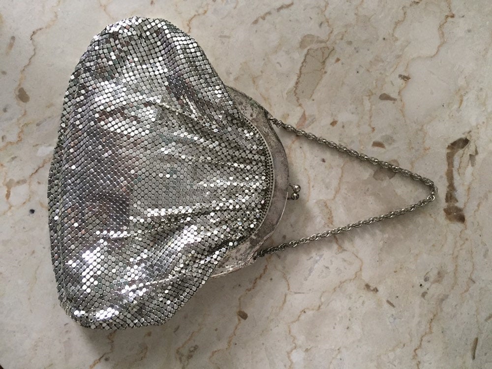 Whiting and Davis Silver Mesh Purse-Chain Mail Clutch Purse-Small Vintage Purse-Metallic Evening Bag