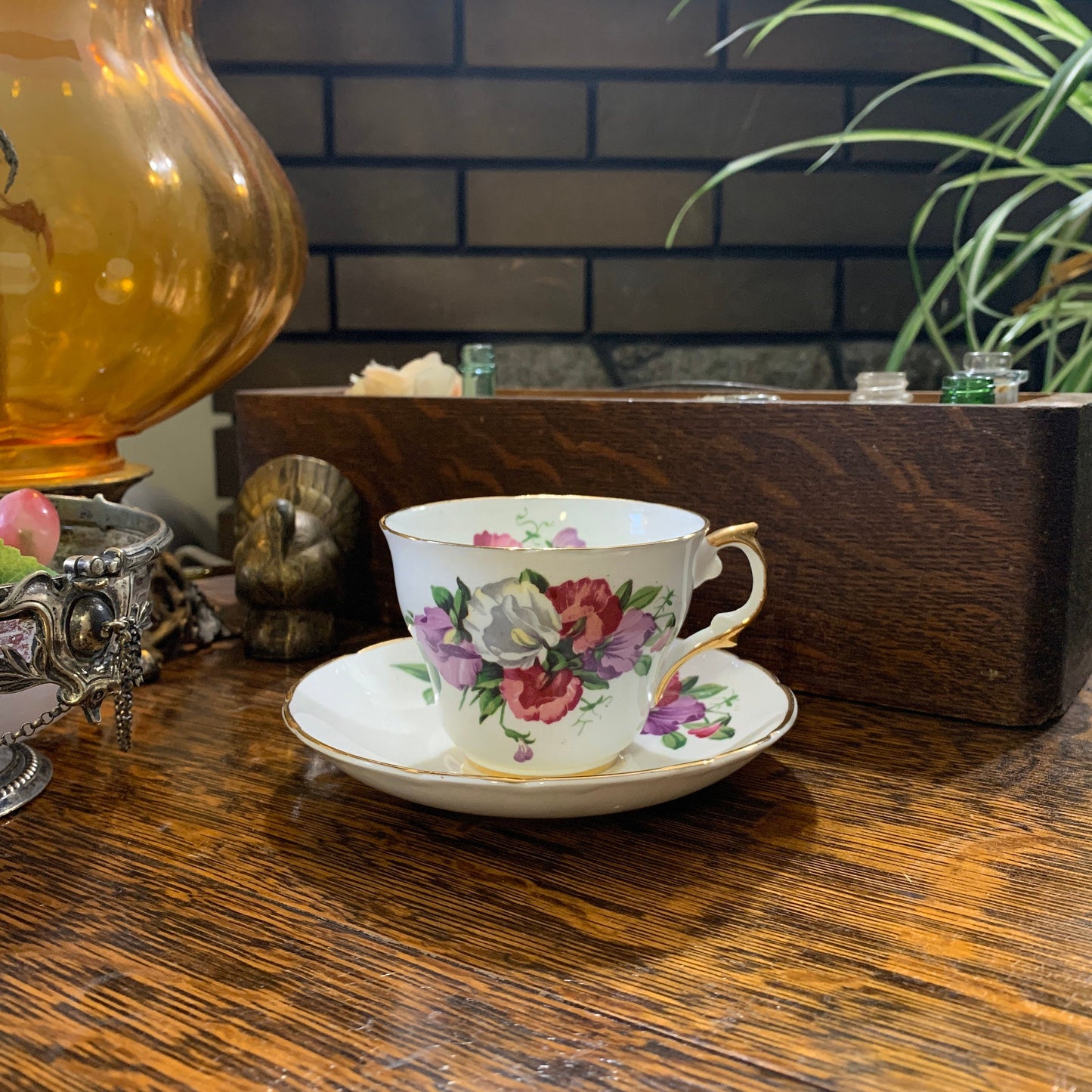 Pink, Purple, and White Floral Vintage Teacup and Saucer by Regency China