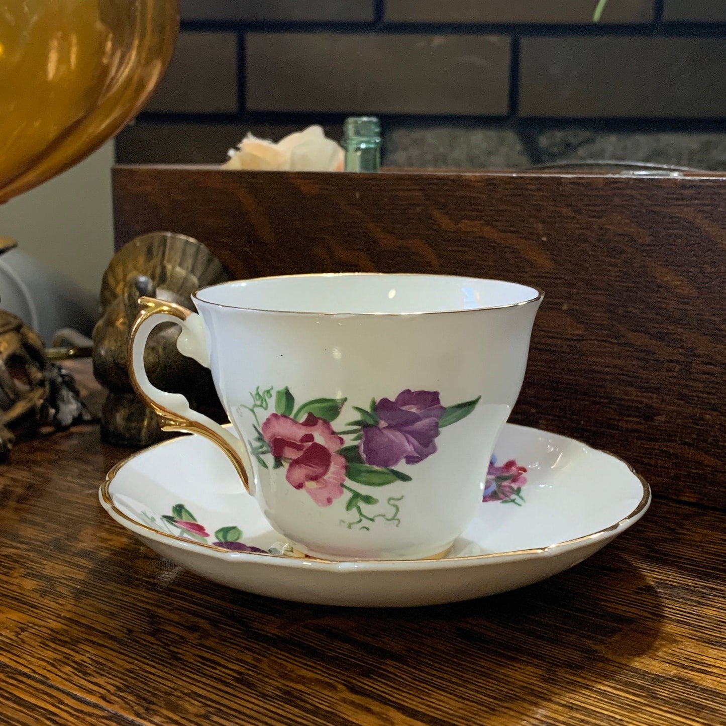 Pink, Purple, and White Floral Vintage Teacup and Saucer by Regency China