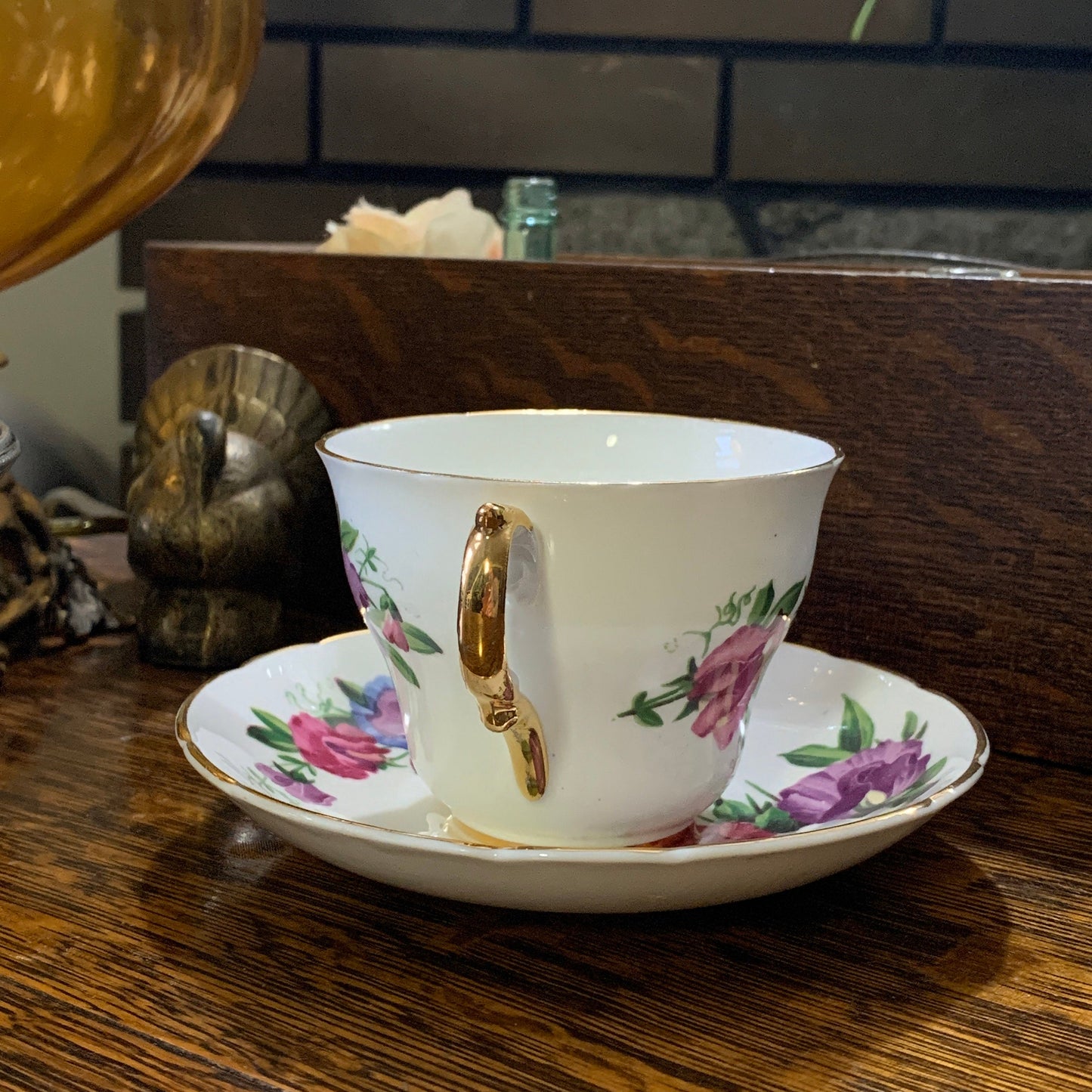 Pink, Purple, and White Floral Vintage Teacup and Saucer by Regency China
