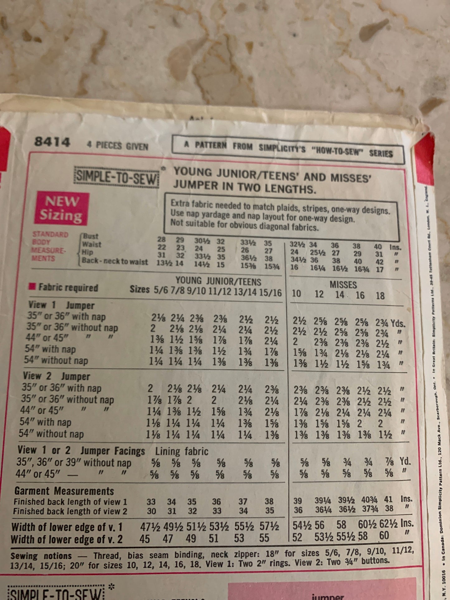 Teens’ Jumper in Two Lengths Vintage Sewing Pattern 1960s Size 9/10 Girls Dress Simplicity 8414