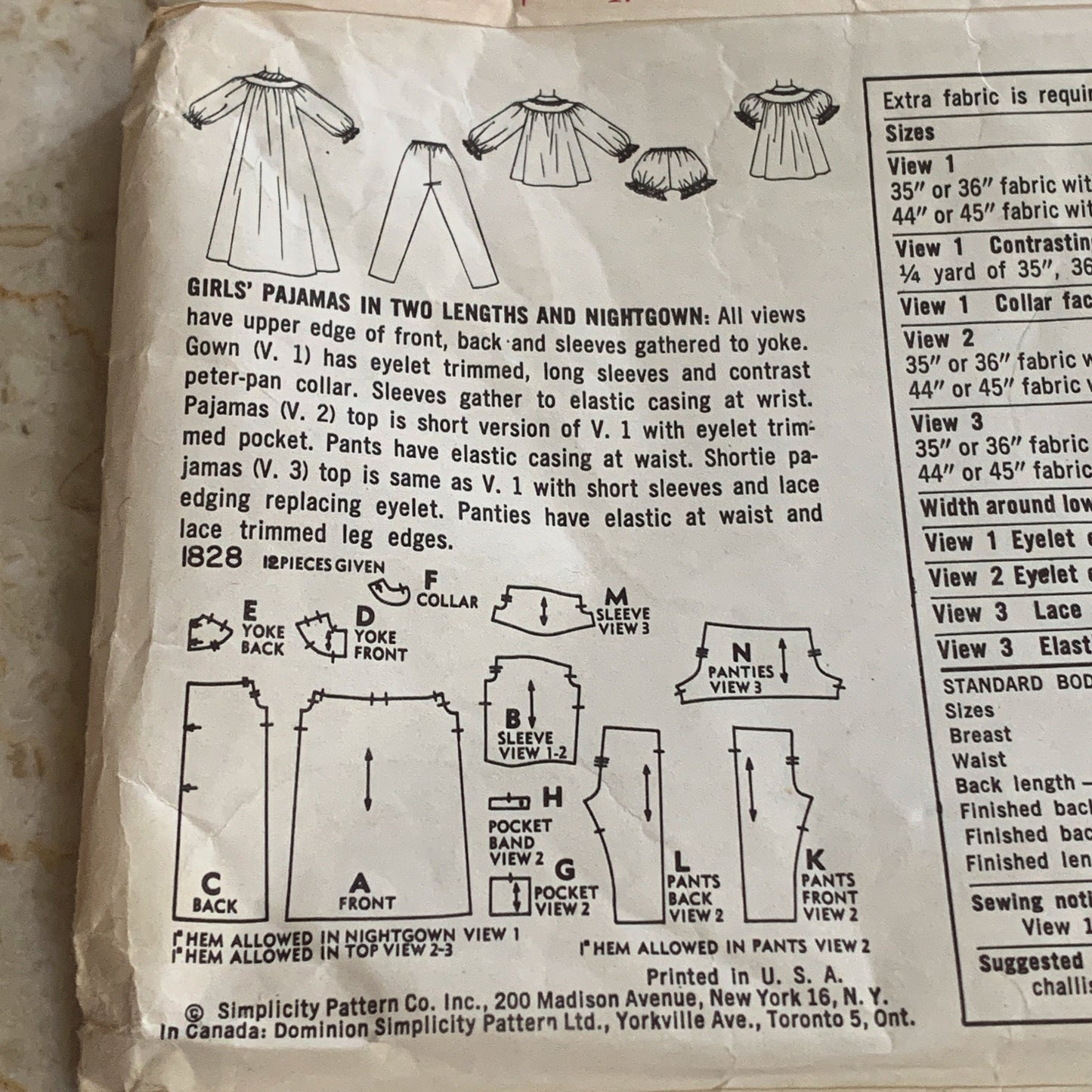 Girl’s Size 12 PJs Pattern Vintage Sewing Pattern Simplicity 1828