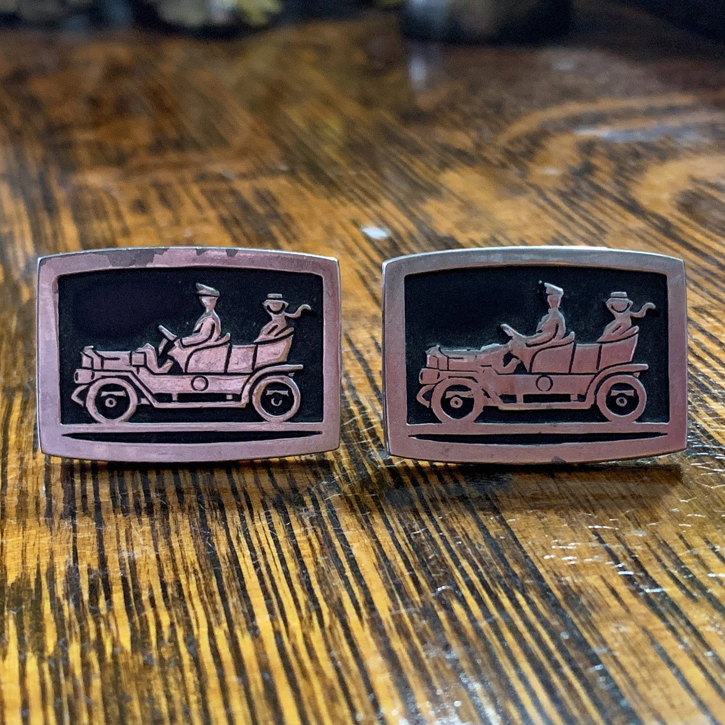 Black and Silver Antique Automobile Vintage Cufflinks
