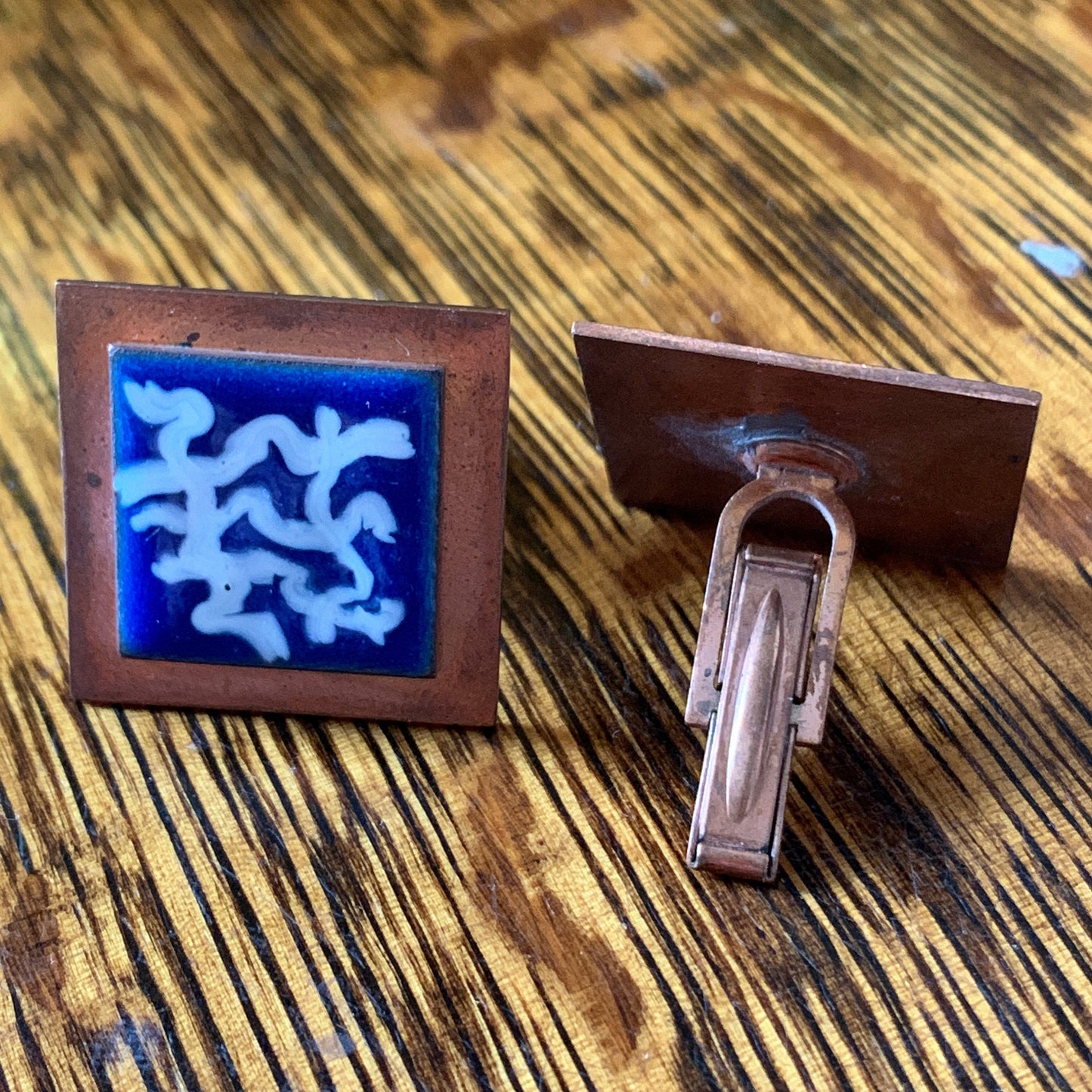 Large Square Copper Vintage Cufflinks with Blue and White Enamel