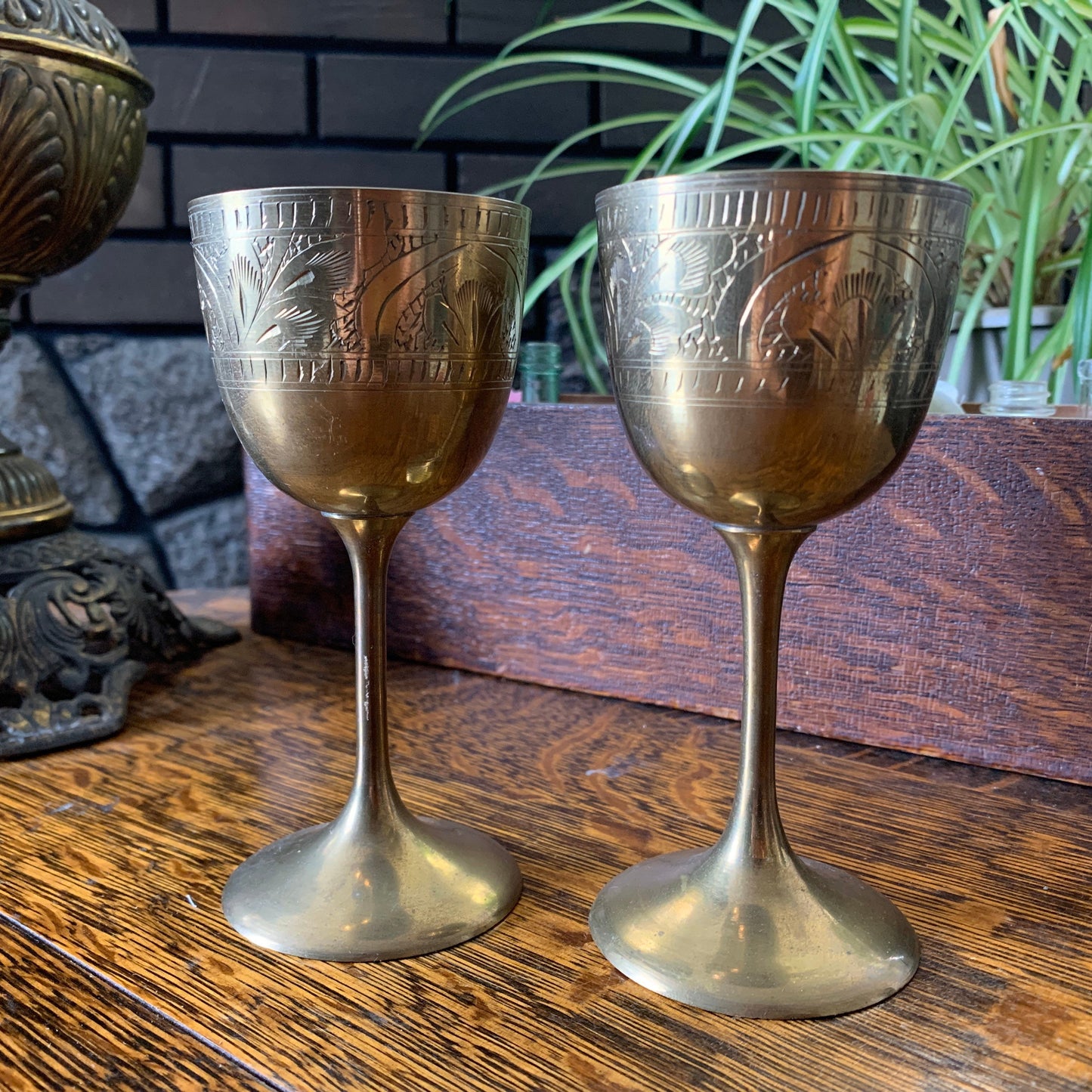 Pair of Brass Wine Goblets with Engraved Floral Design
