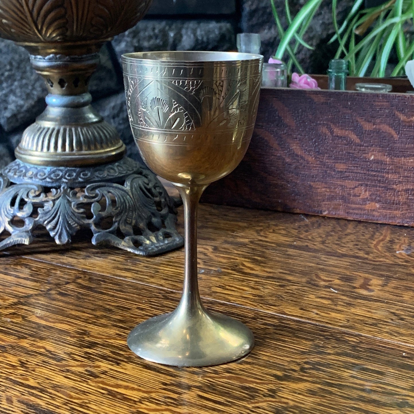 Pair of Brass Wine Goblets with Engraved Floral Design