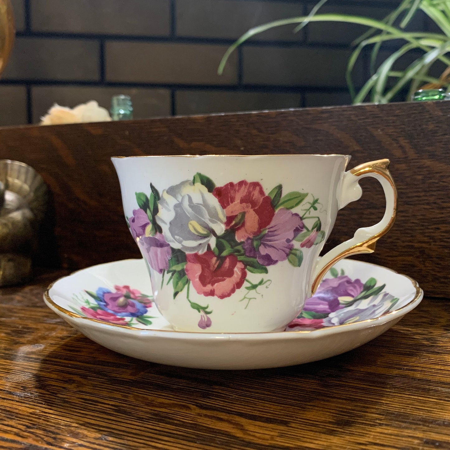 Pink, Purple, and White Floral Vintage Teacup and Saucer by Regency China