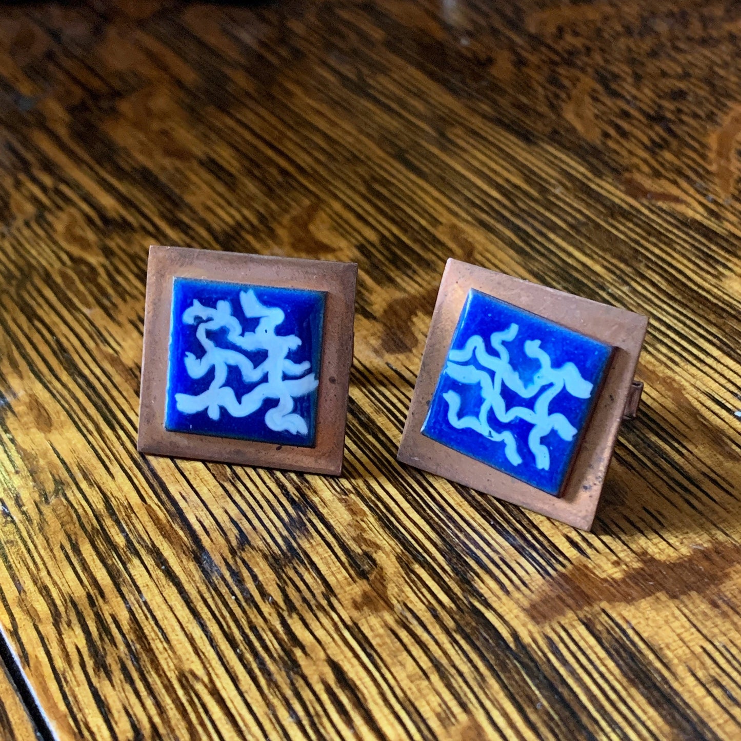 Large Square Copper Vintage Cufflinks with Blue and White Enamel