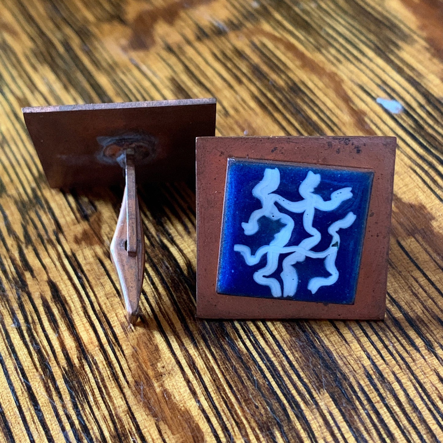 Large Square Copper Vintage Cufflinks with Blue and White Enamel