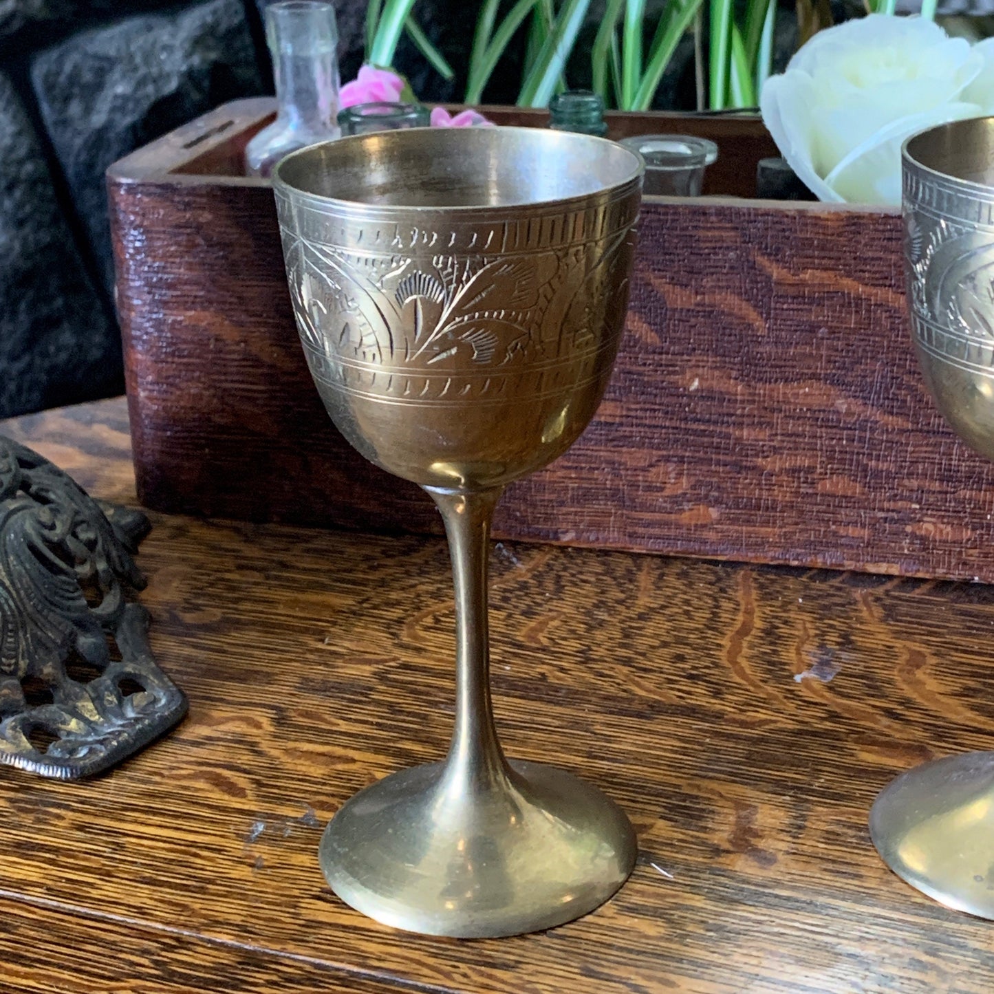 Pair of Brass Wine Goblets with Engraved Floral Design