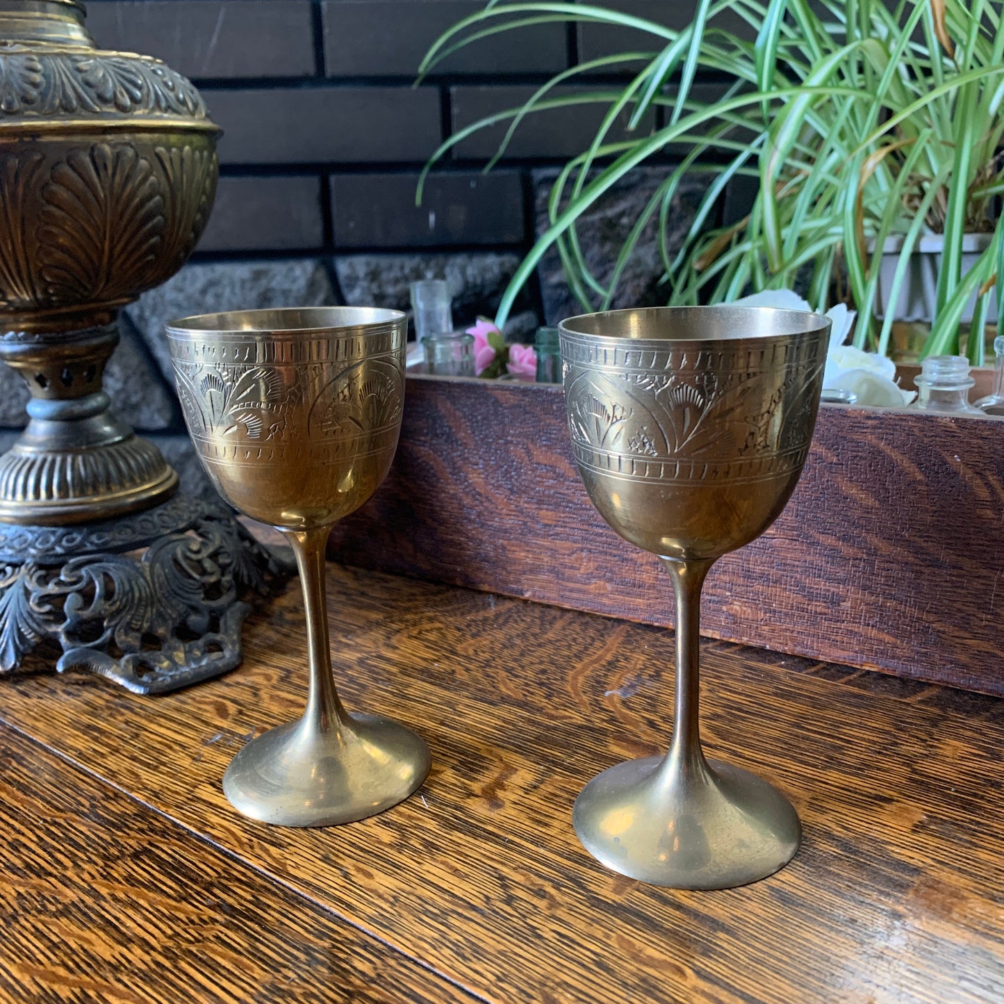 Pair of Brass Wine Goblets with Engraved Floral Design