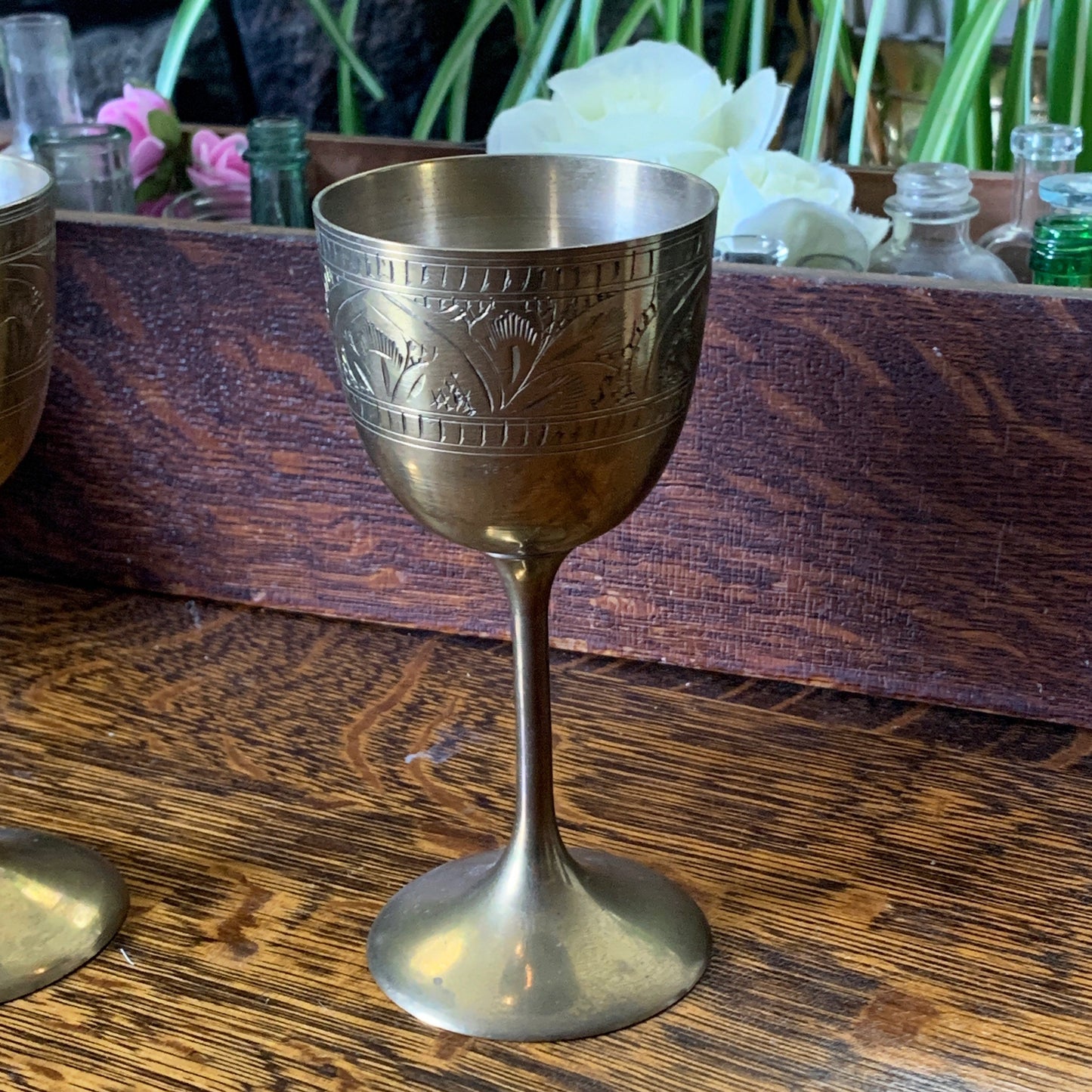 Pair of Brass Wine Goblets with Engraved Floral Design