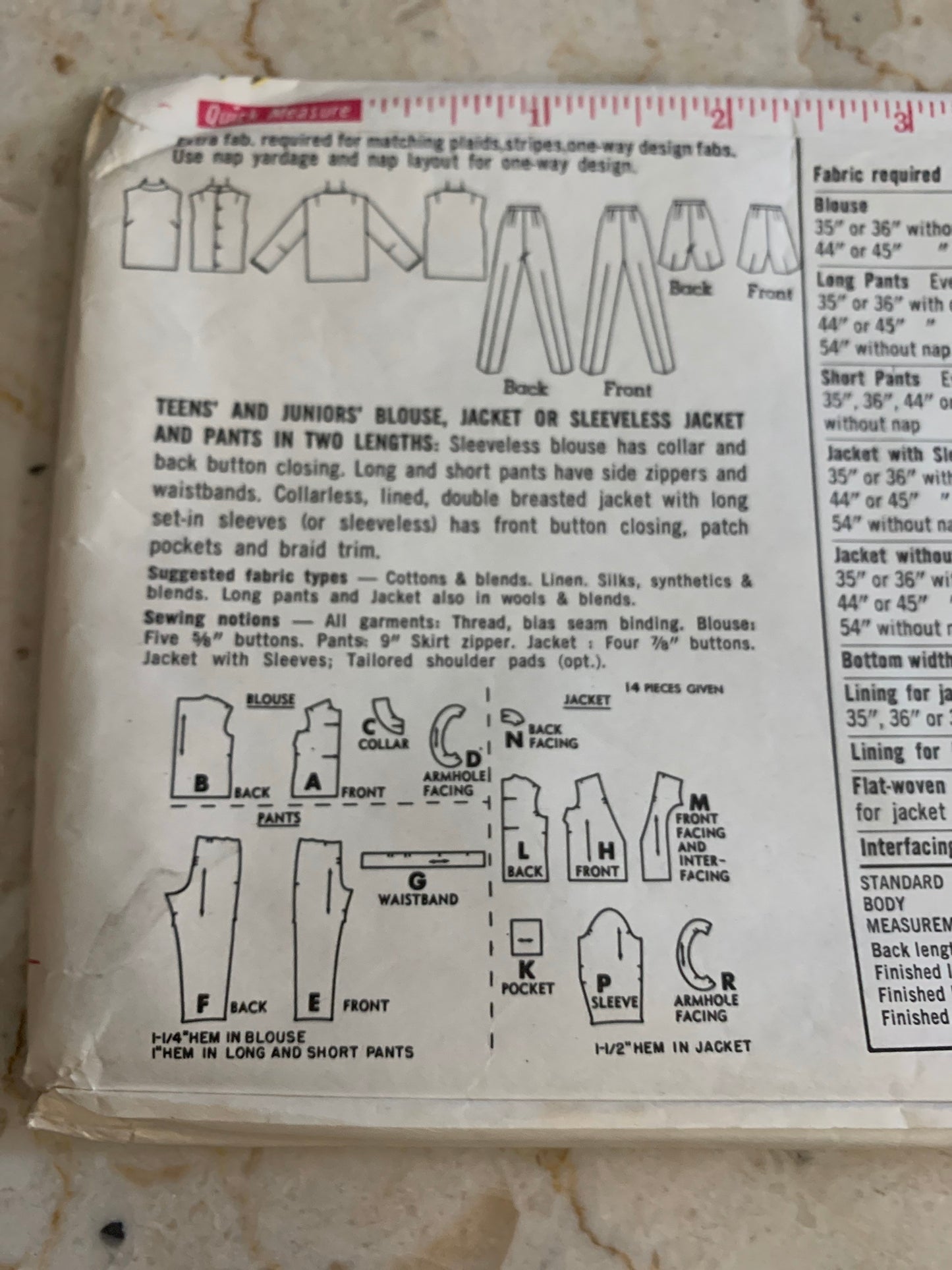 Misses Long Sleeve Top, Jacket or Vest, and Pants or Shorts Vintage Sewing Pattern