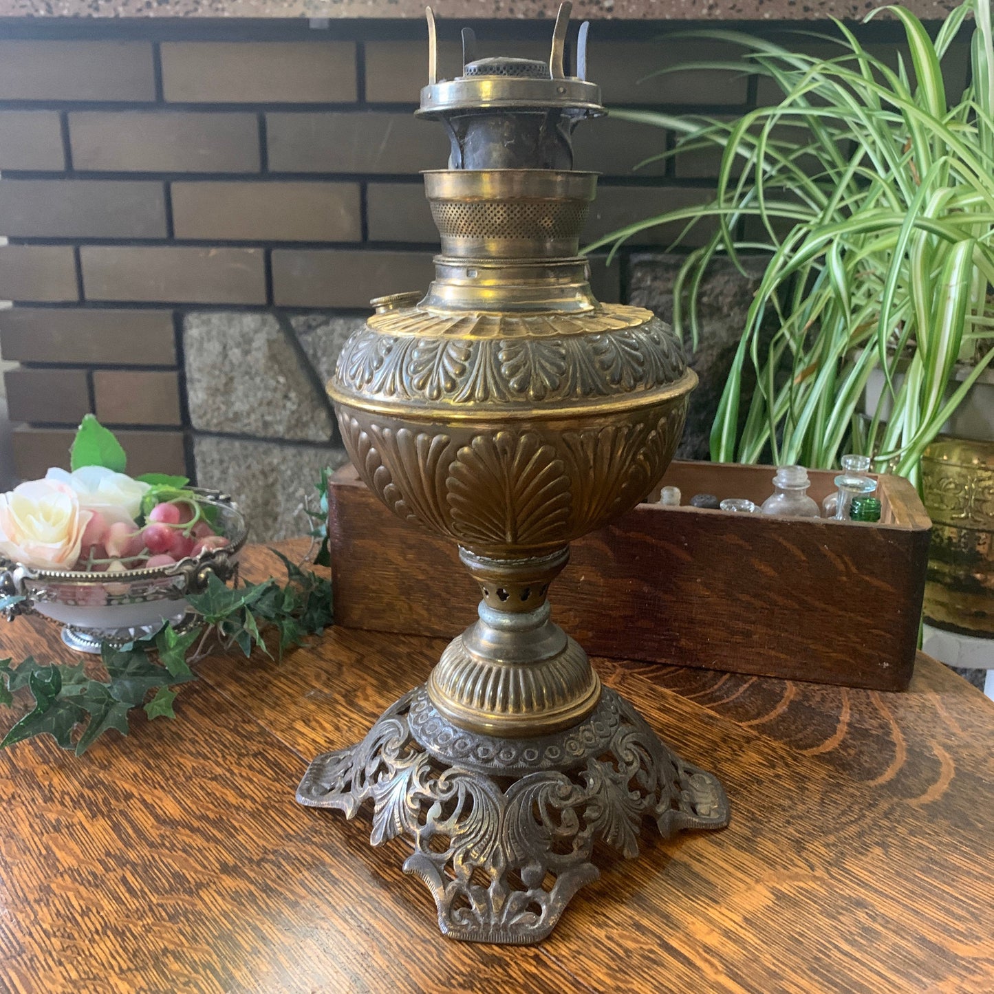 Antique Plume and Atwood Kerosene Lamp with milk glass shade