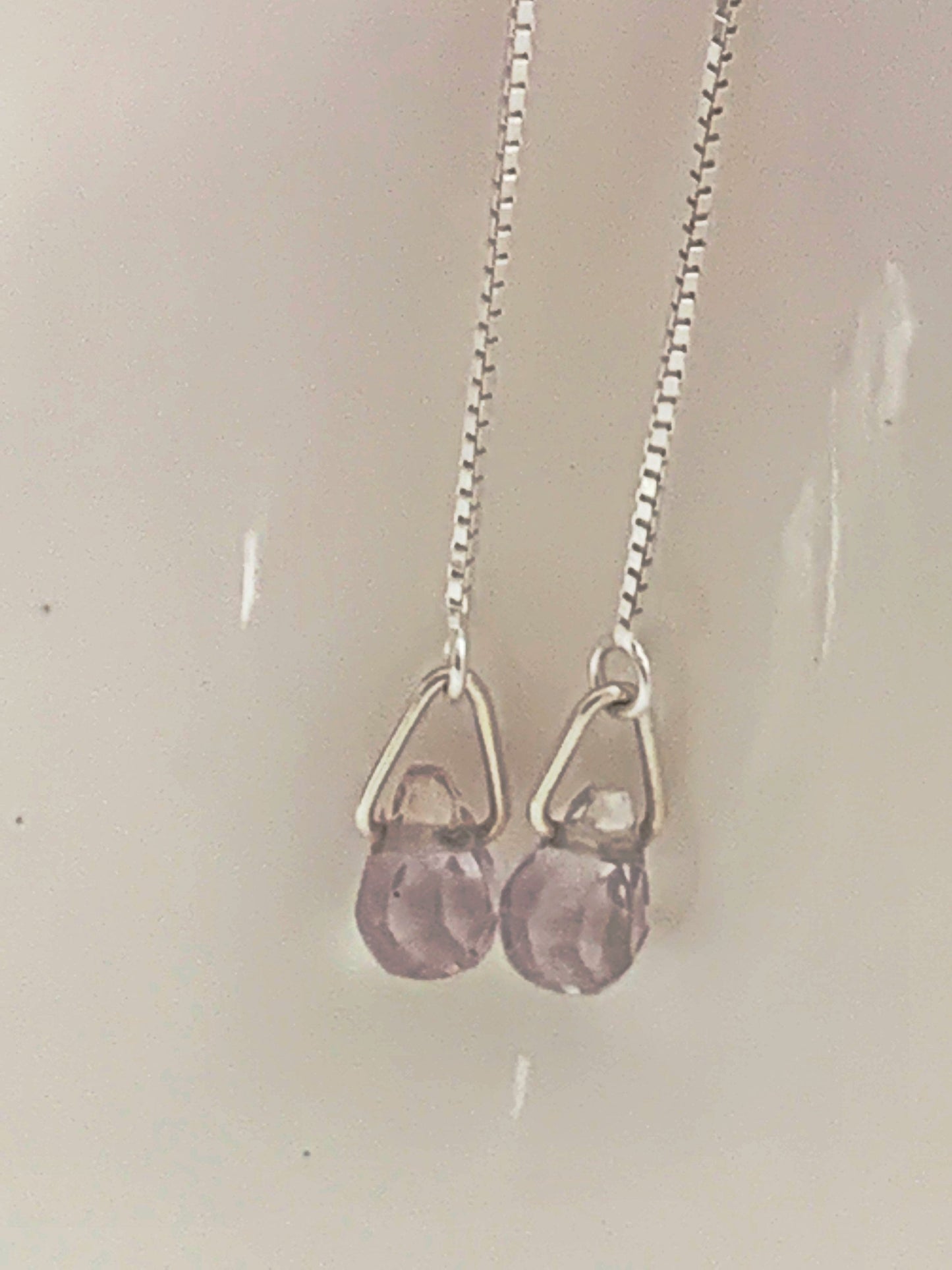 Sterling Silver Ear Threads with Small Amethyst Tear Drops Minimalist Earrings
