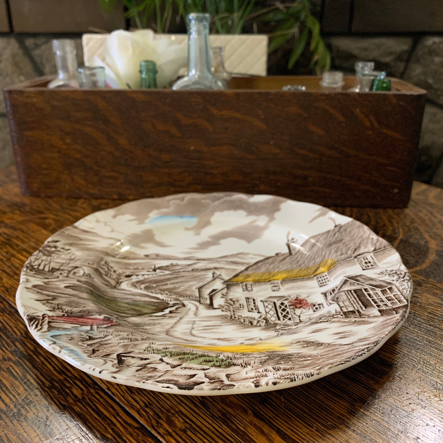 WH Grindley Transferware A Quiet Day Luncheon Plate 8.75” Antique Farmhouse Style Transferware Plate