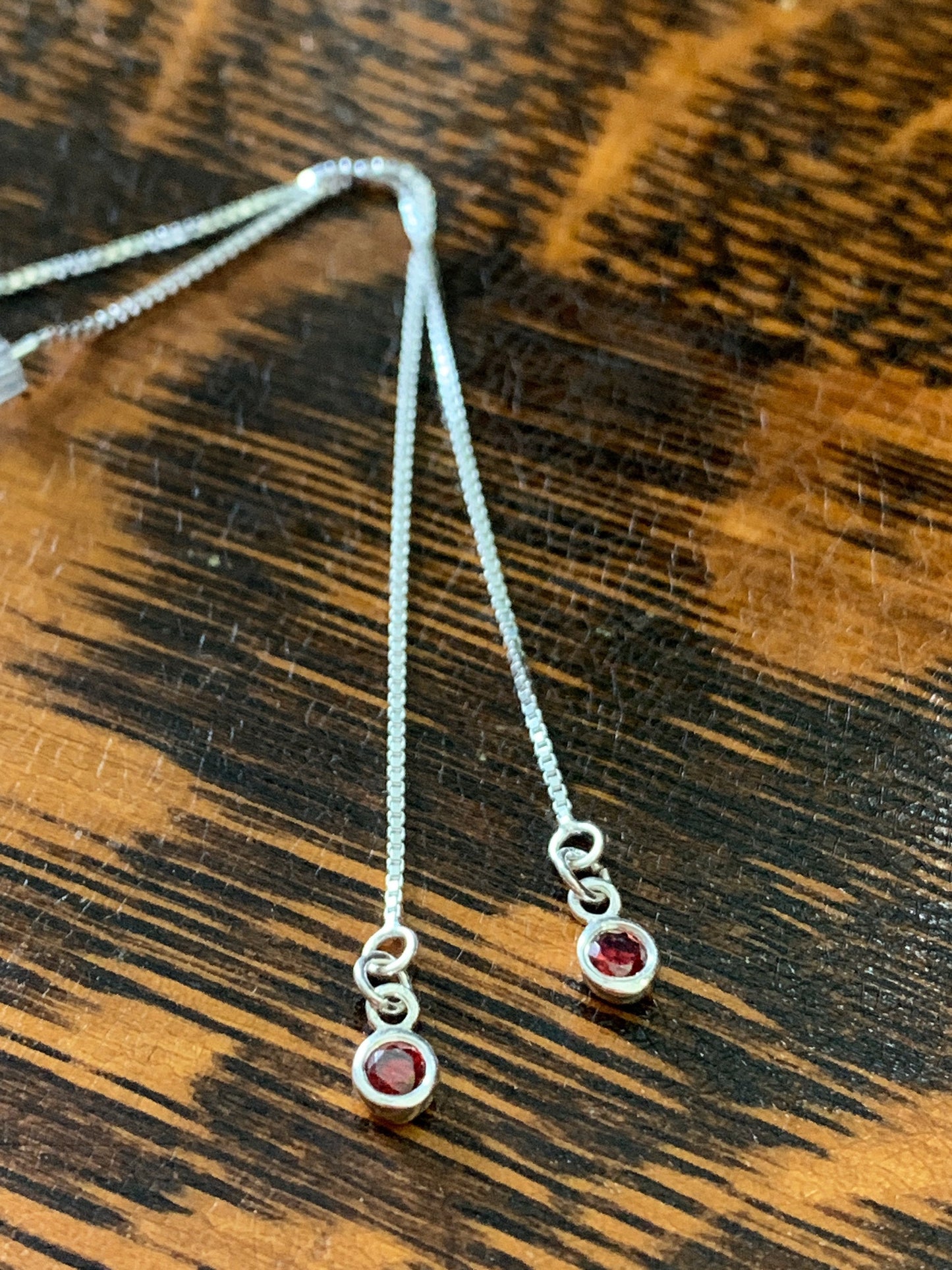 Sterling Silver Ear Threads with Small Garnet cz Drops Minimalist Earrings