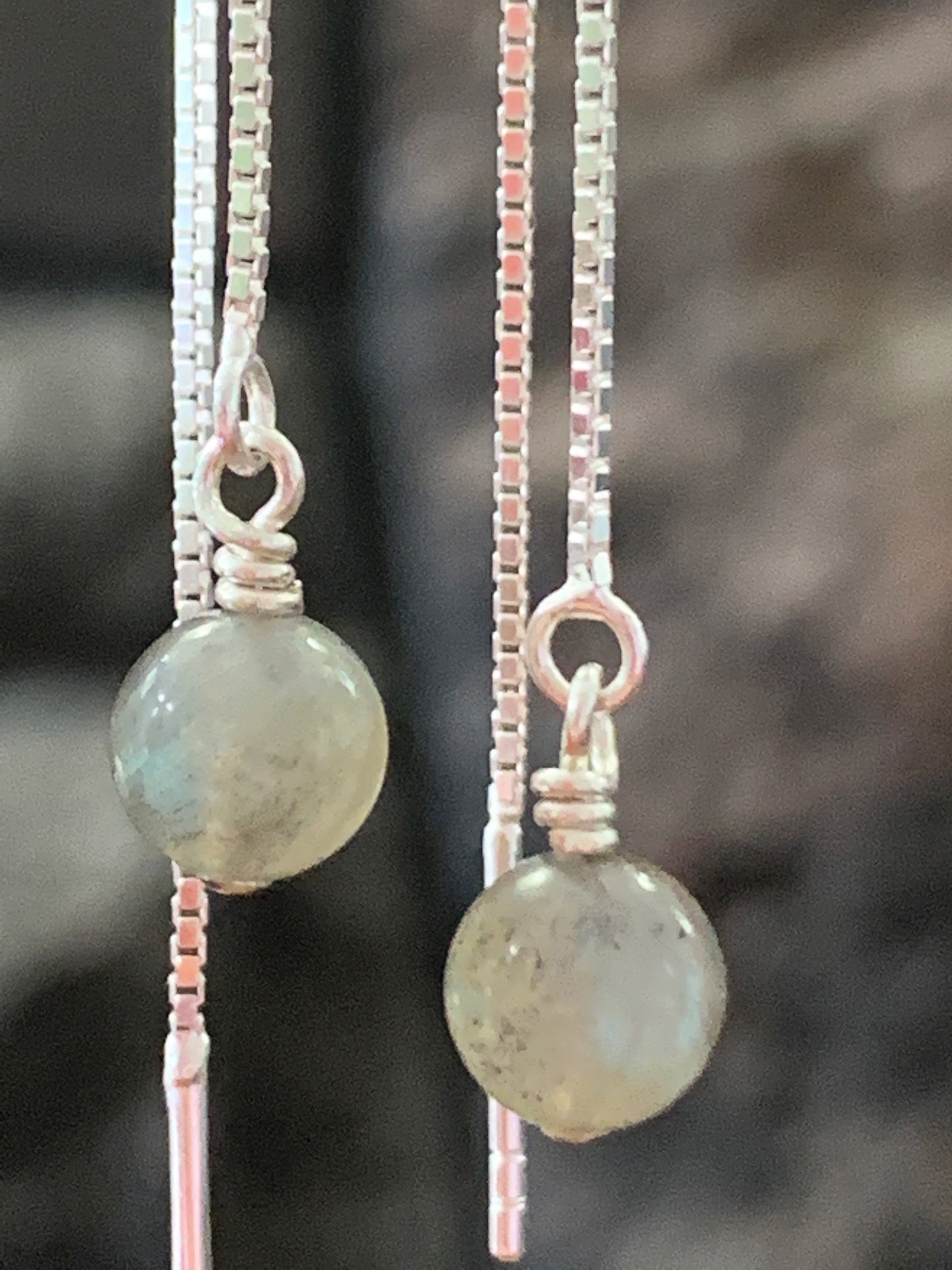 Sterling Silver Ear Threads with Small Labradorite Drops Minimalist Earrings