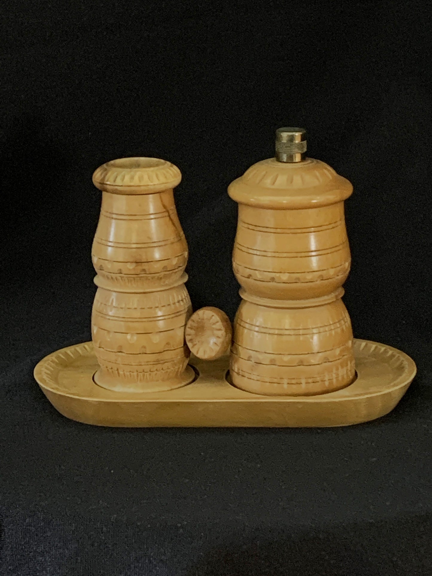 Vintage Wooden Salt Shaker and Pepper Mill with Tray