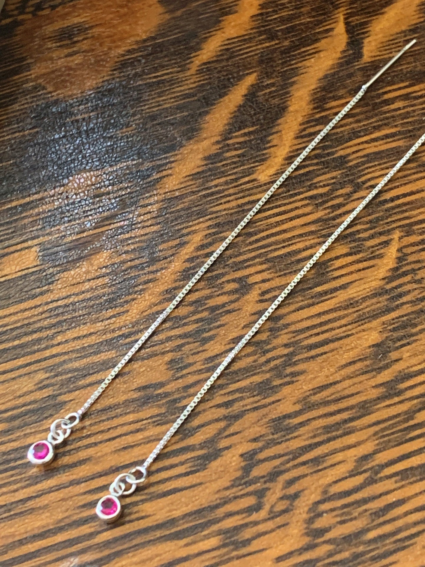 Sterling Silver Ear Threads with Small Ruby cz Drops Minimalist Earrings