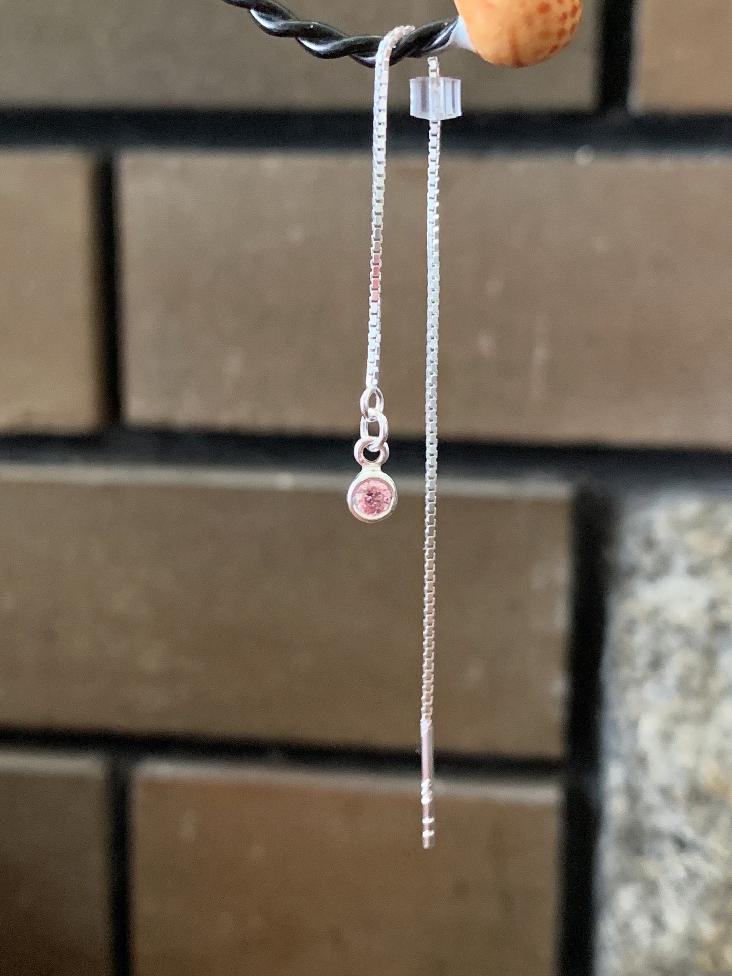 Sterling Silver Ear Threads with Small Rose Quartz cz Drops Minimalist Earrings