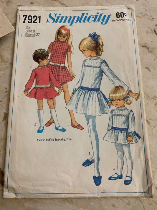 Girl’s Size 8 Short or Long Sleeved Dress Vintage Sewing Pattern Simplicity 7921