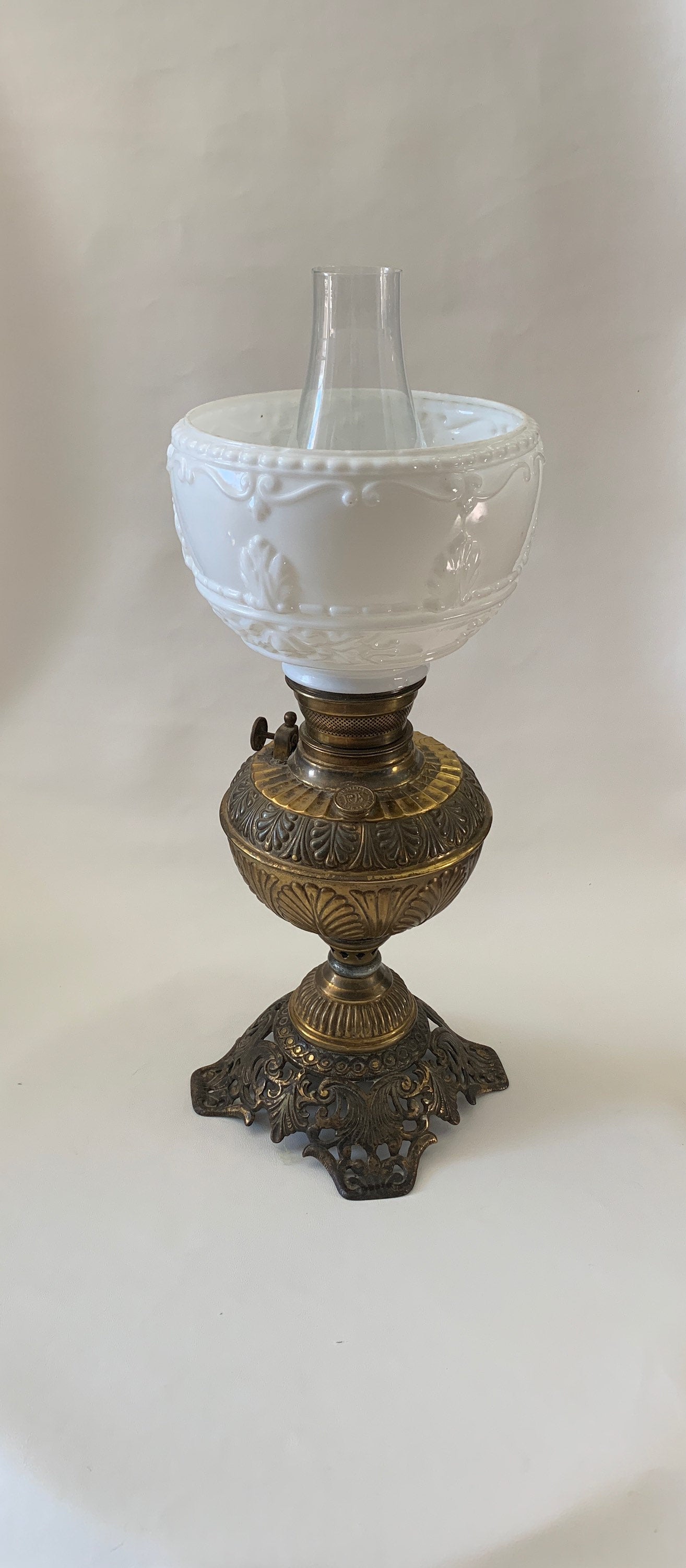 Antique Plume and Atwood Kerosene Lamp with milk glass shade