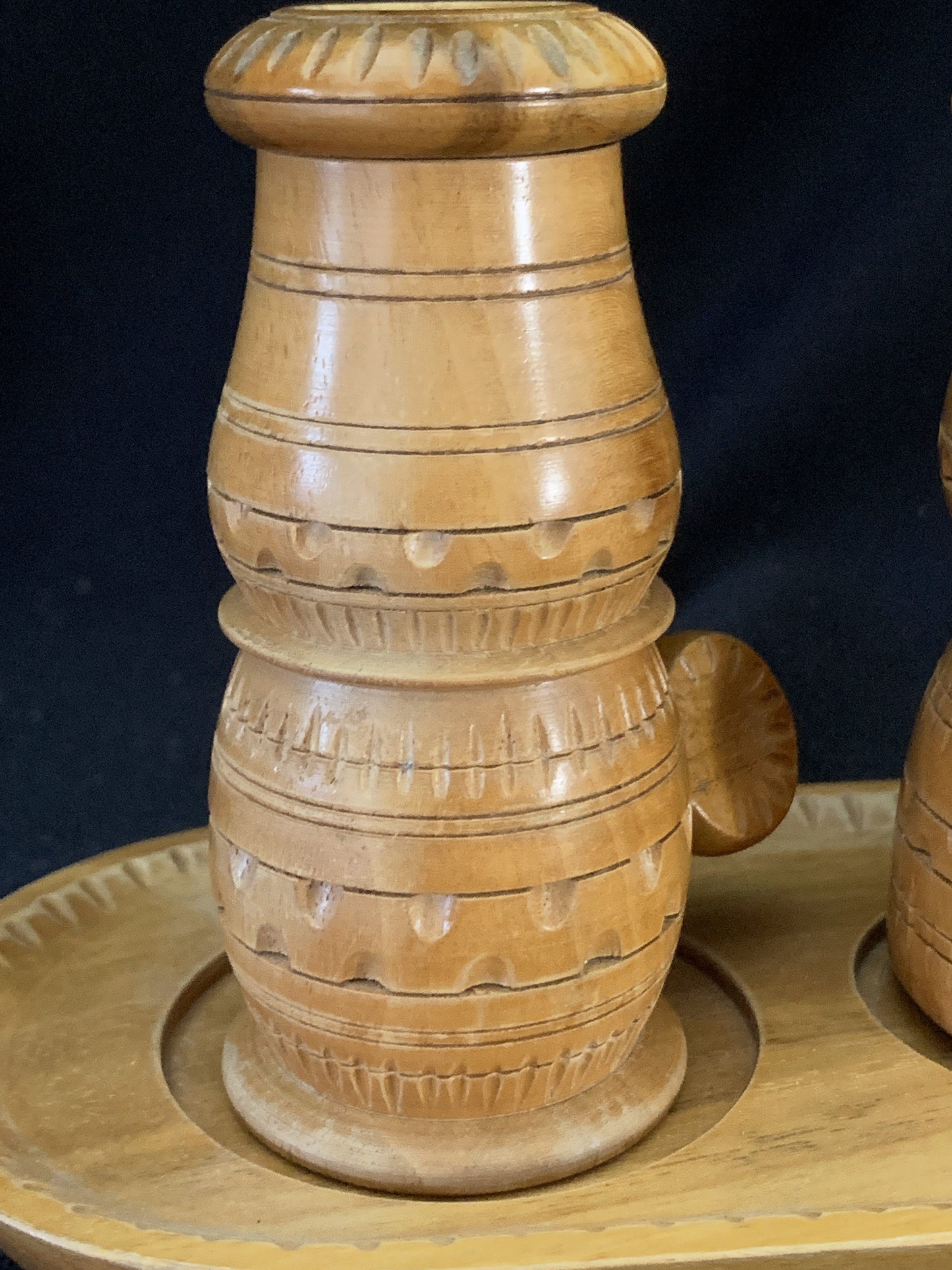 Vintage Wooden Salt Shaker and Pepper Mill with Tray