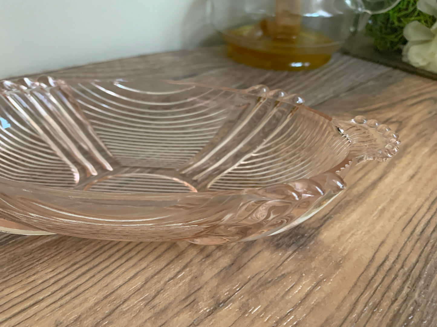 Pink Depression Glass Oval Dish with Beaded Handles Vintage Glass Jewelry Dish Catch All