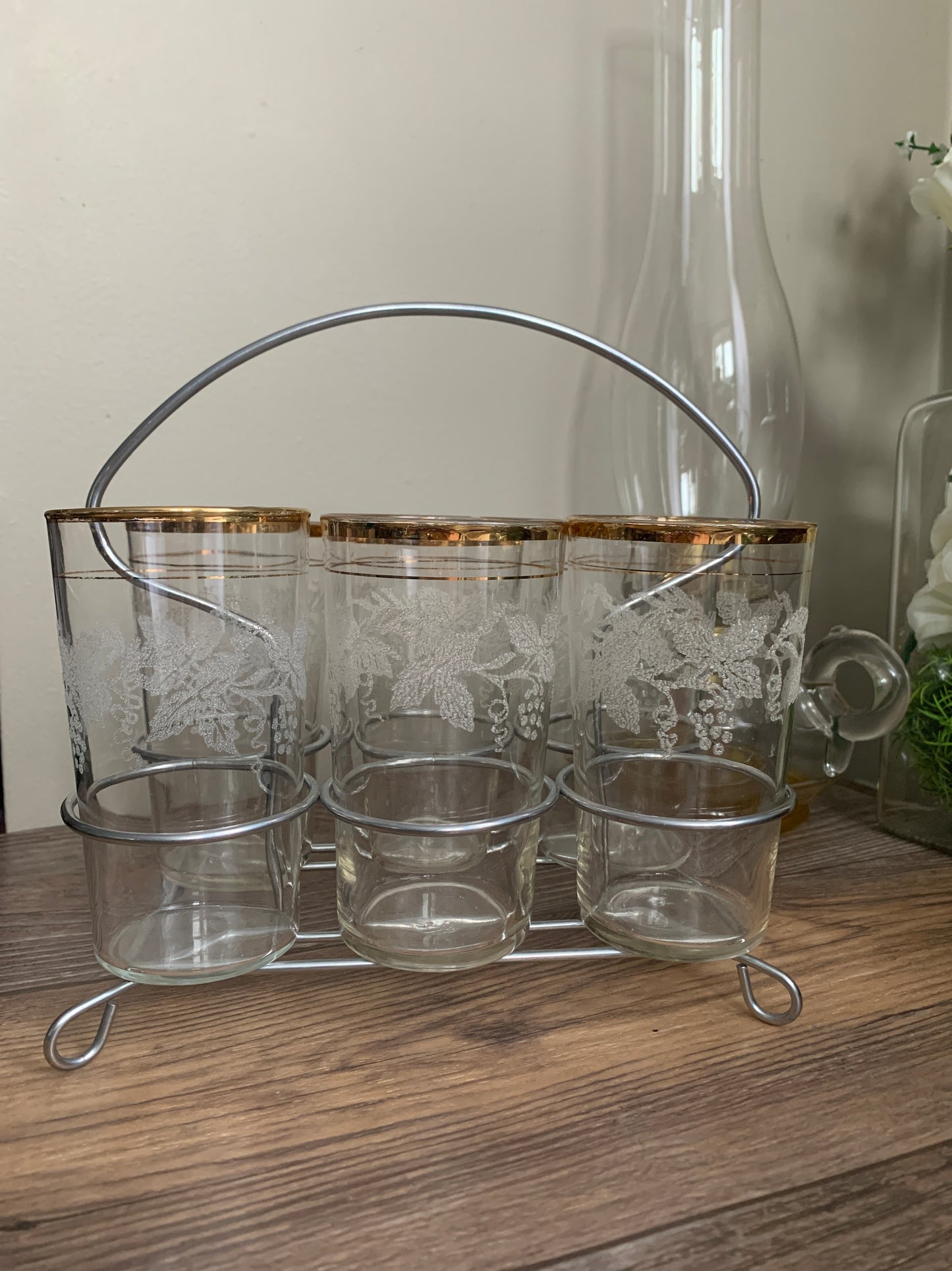 Vintage Cocktail Glasses in Wire Caddy with Frosted Grapevine Pattern Gold Trim Vintage Barware