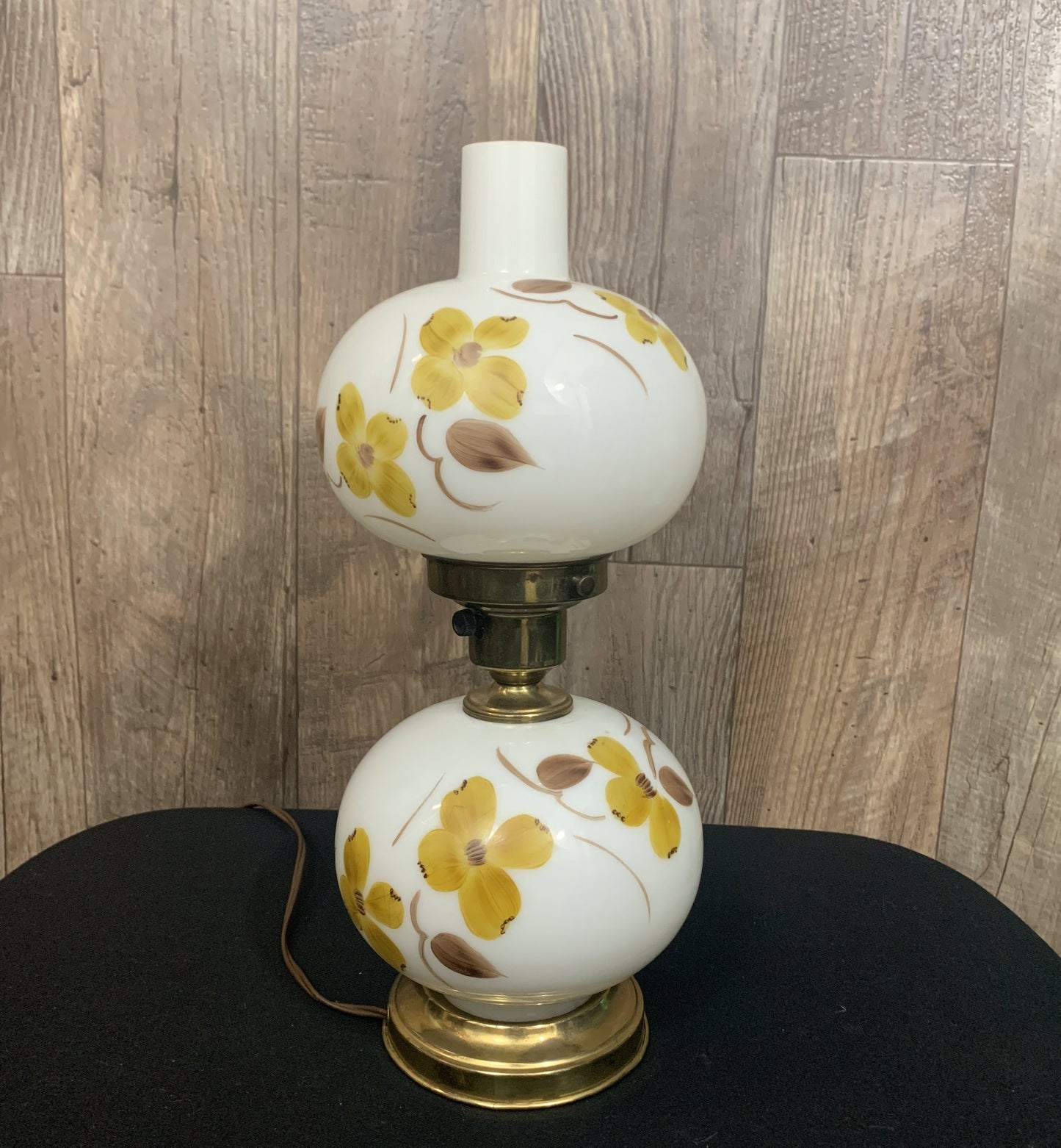 Milk Glass Table Lamp with Hand Painted Floral Design